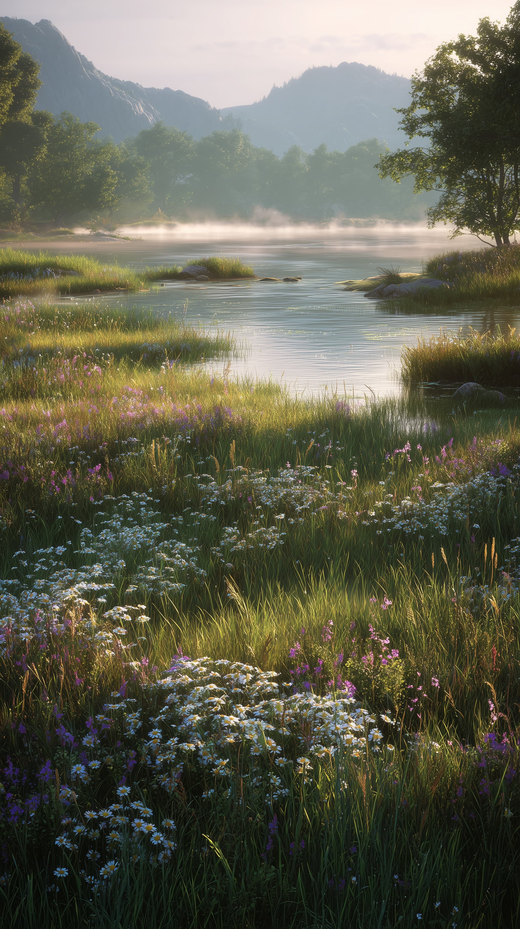 Tranquil meadow by a misty lake at sunrise in warm morning light - High Resolution calm Wallpaper for Mobile and Desktop