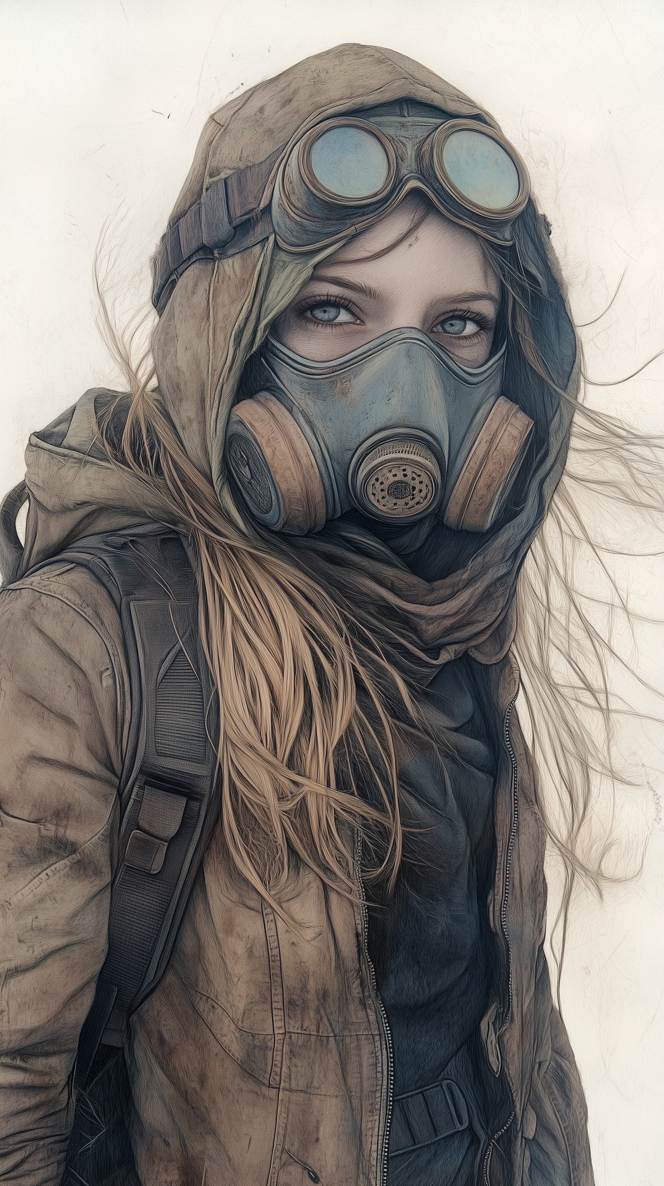 Atmospheric Post-Apocalyptic Portrait with Gas Mask & Hood - High Resolution desaturated Wallpaper for Mobile and Desktop