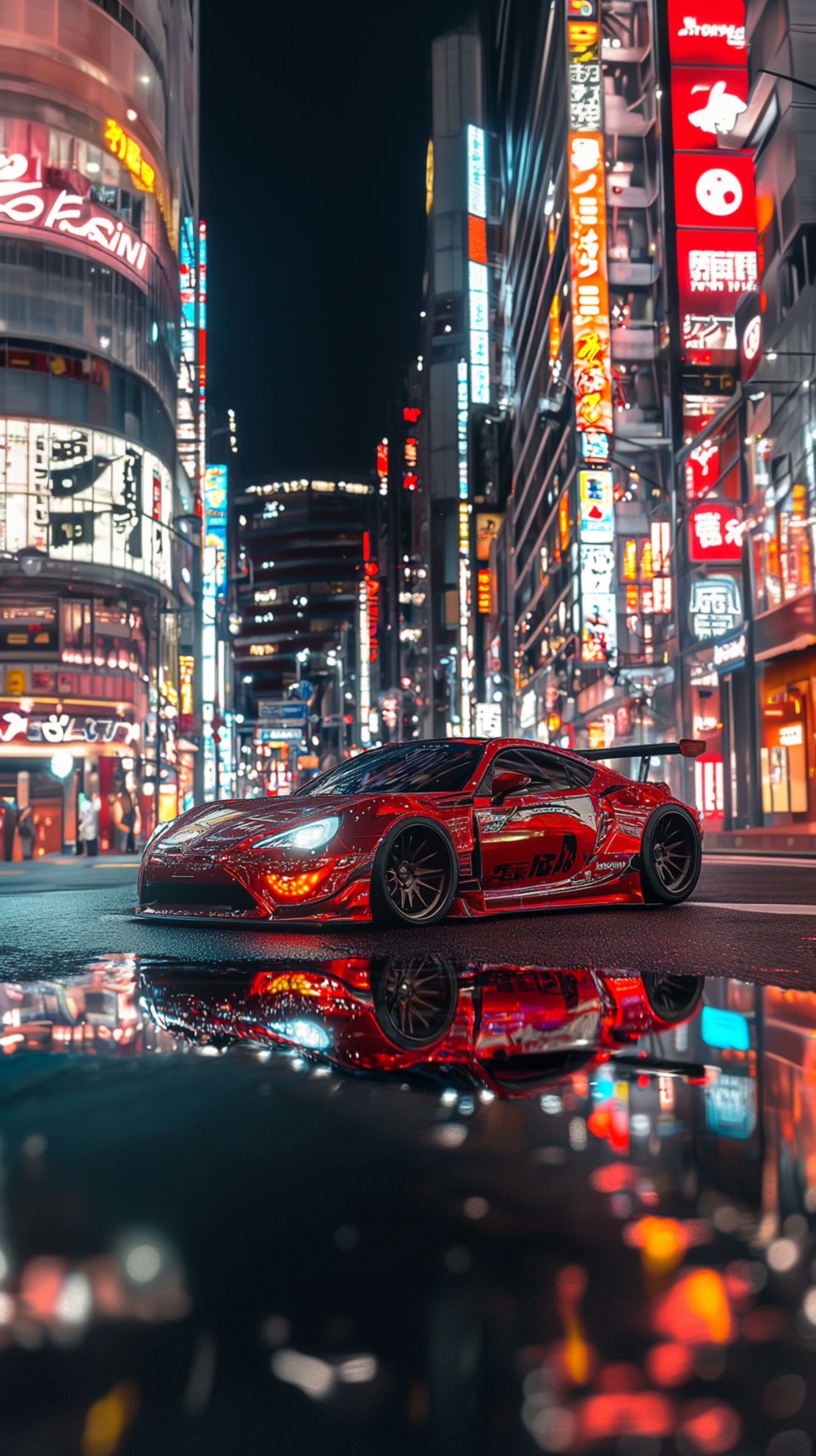 Red Neon Night: Sport Car in a City Street with Reflections - High Resolution red-sports-car Wallpaper for Mobile and Desktop