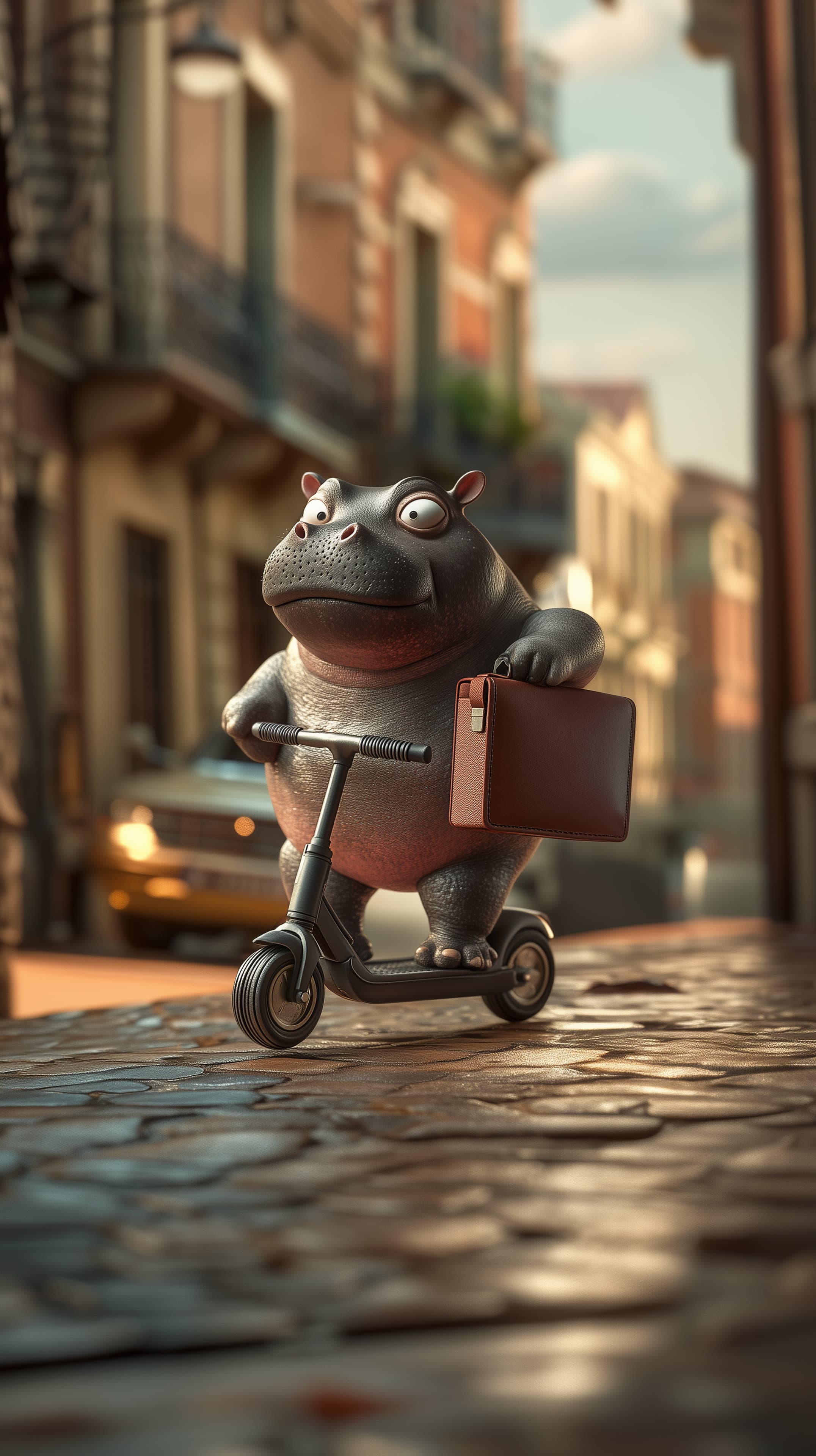 Whimsical Hippo on a Scooter in a Warm City Street - High Resolution 3d-art Wallpaper for Mobile and Desktop