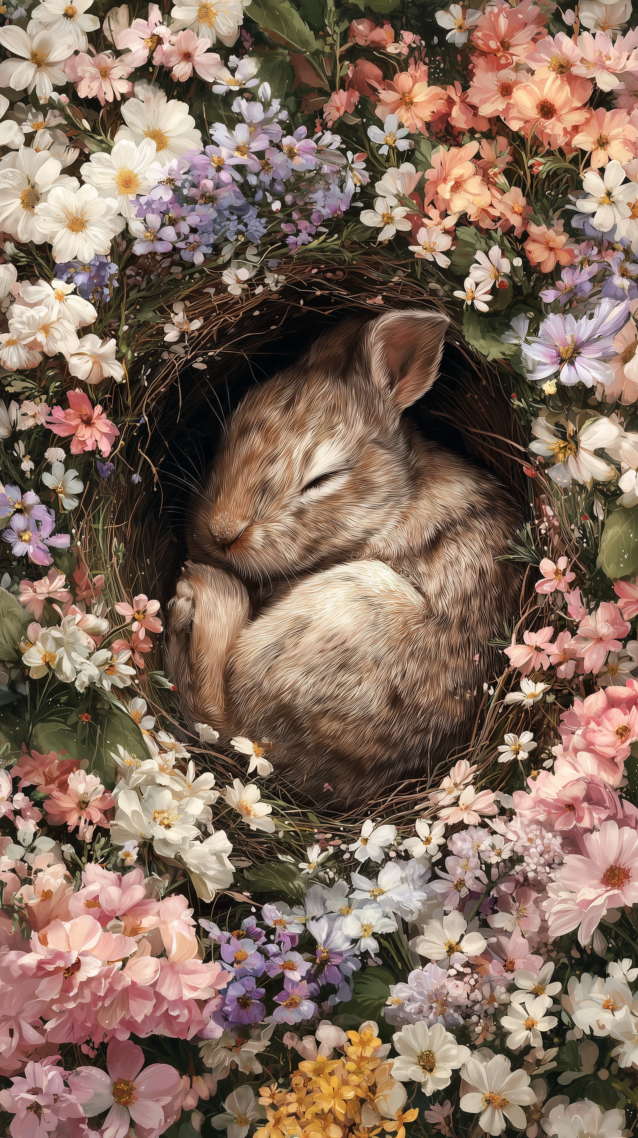 Pastel Floral Nest with Sleeping Bunny - Dreamy Wallpaper - High Resolution artwork Wallpaper for Mobile and Desktop