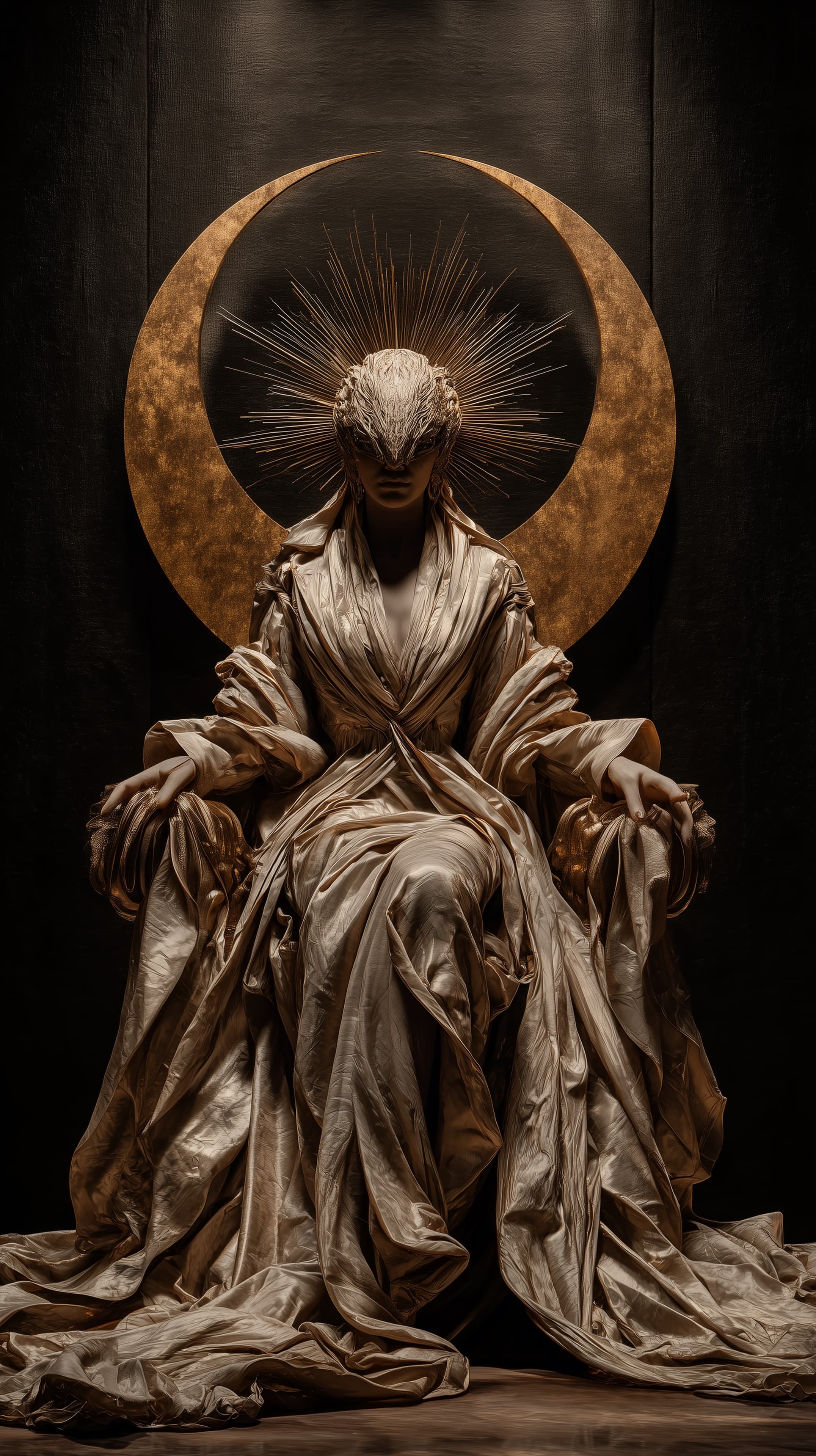 Golden Halo Seated Figure in Luxurious Metallic Robes - High Resolution dark-elegance Wallpaper for Mobile and Desktop