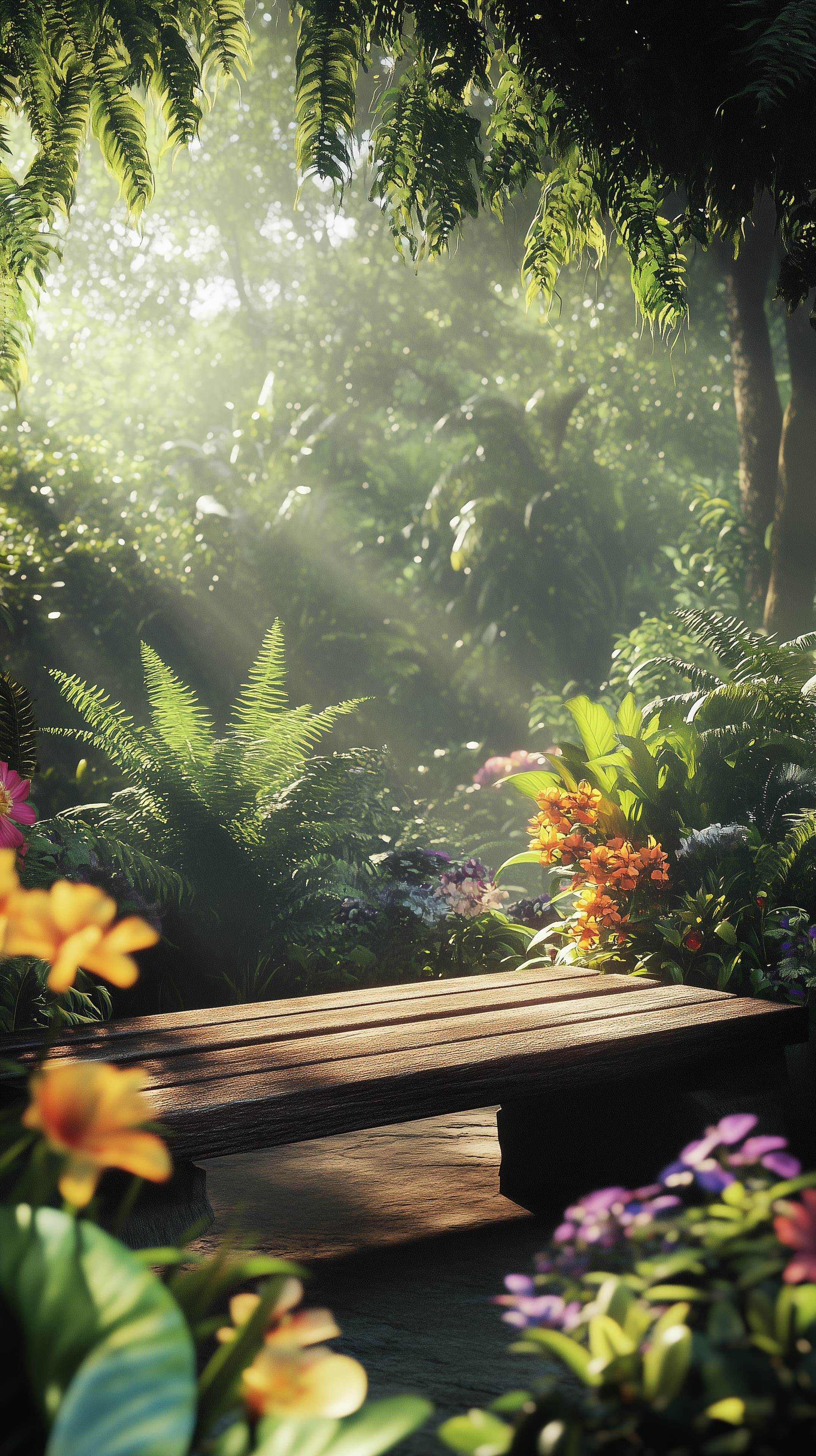 Sunlit Tropical Garden Bench with Ferns and Bright Flowers - High Resolution garden Wallpaper for Mobile and Desktop