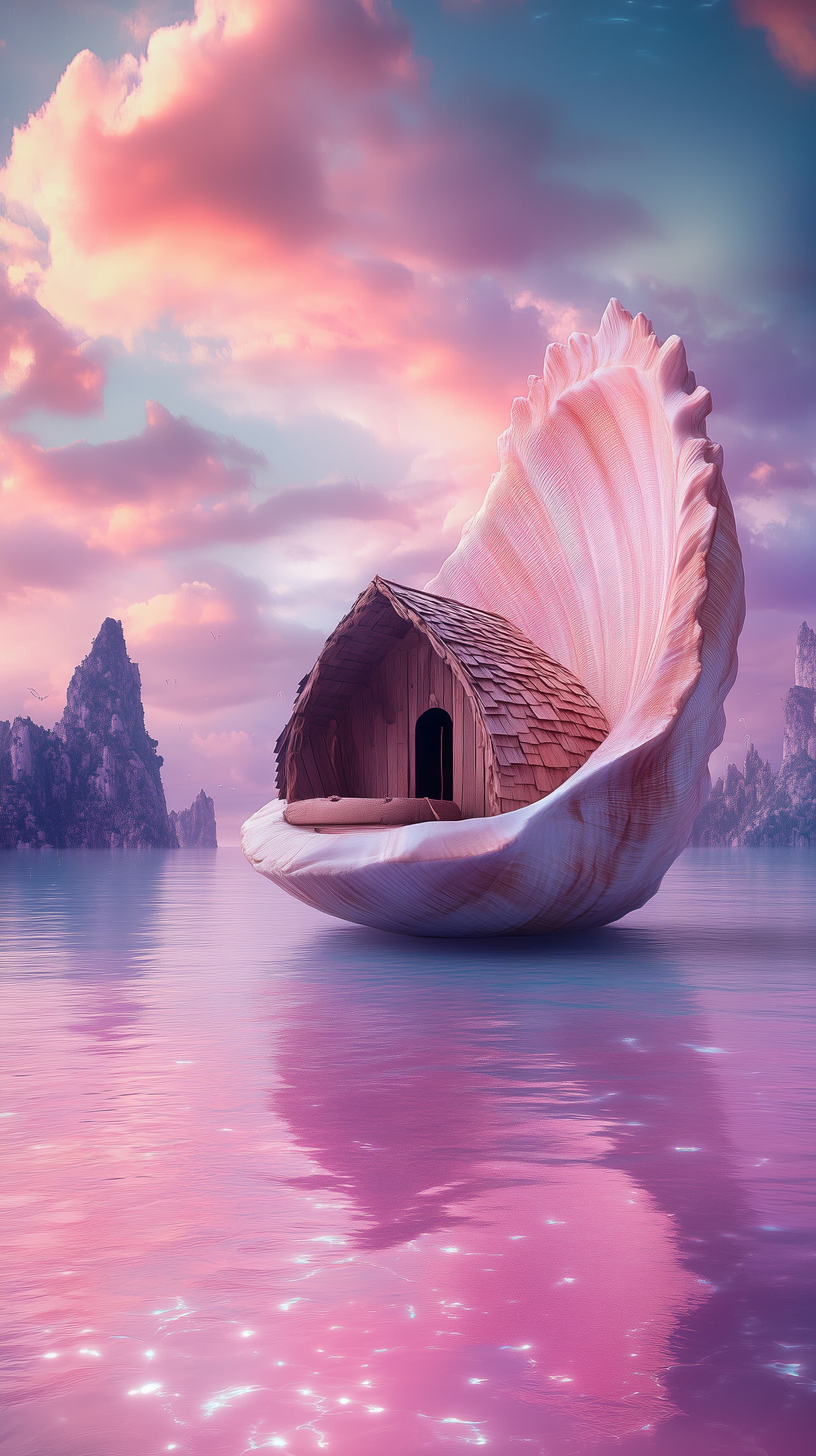Pastel Fantasy Shell House Floating on Pink Water at Sunset - High Resolution dreamy Wallpaper for Mobile and Desktop
