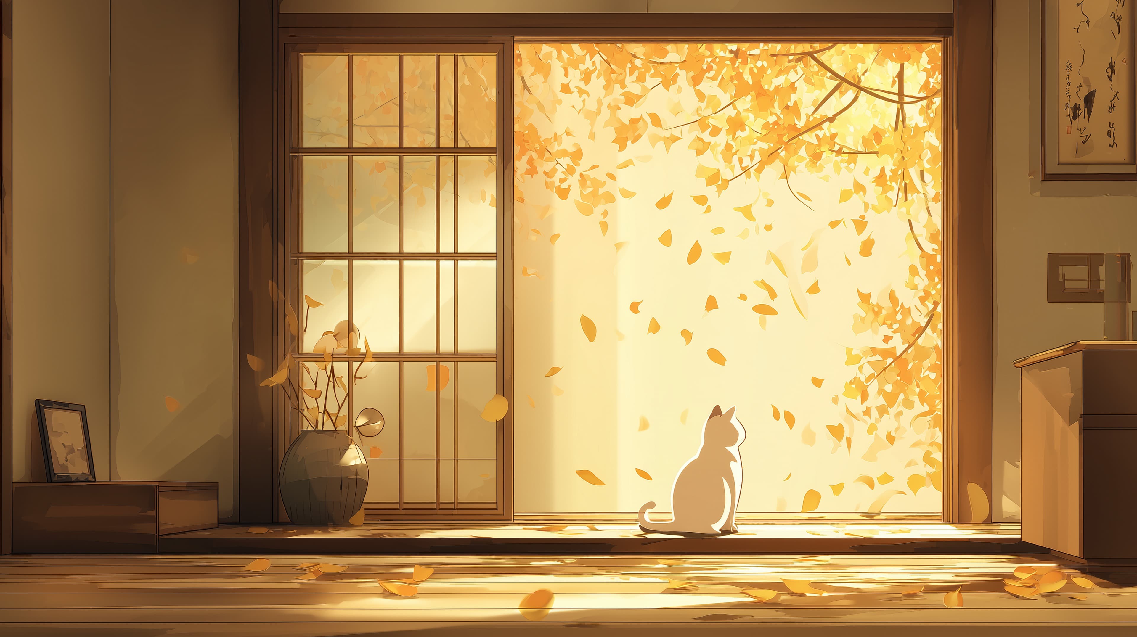 Autumn Sunlit Room with Silhouette Cat - Cozy Interior Scene - High Resolution autumn Wallpaper for Mobile and Desktop