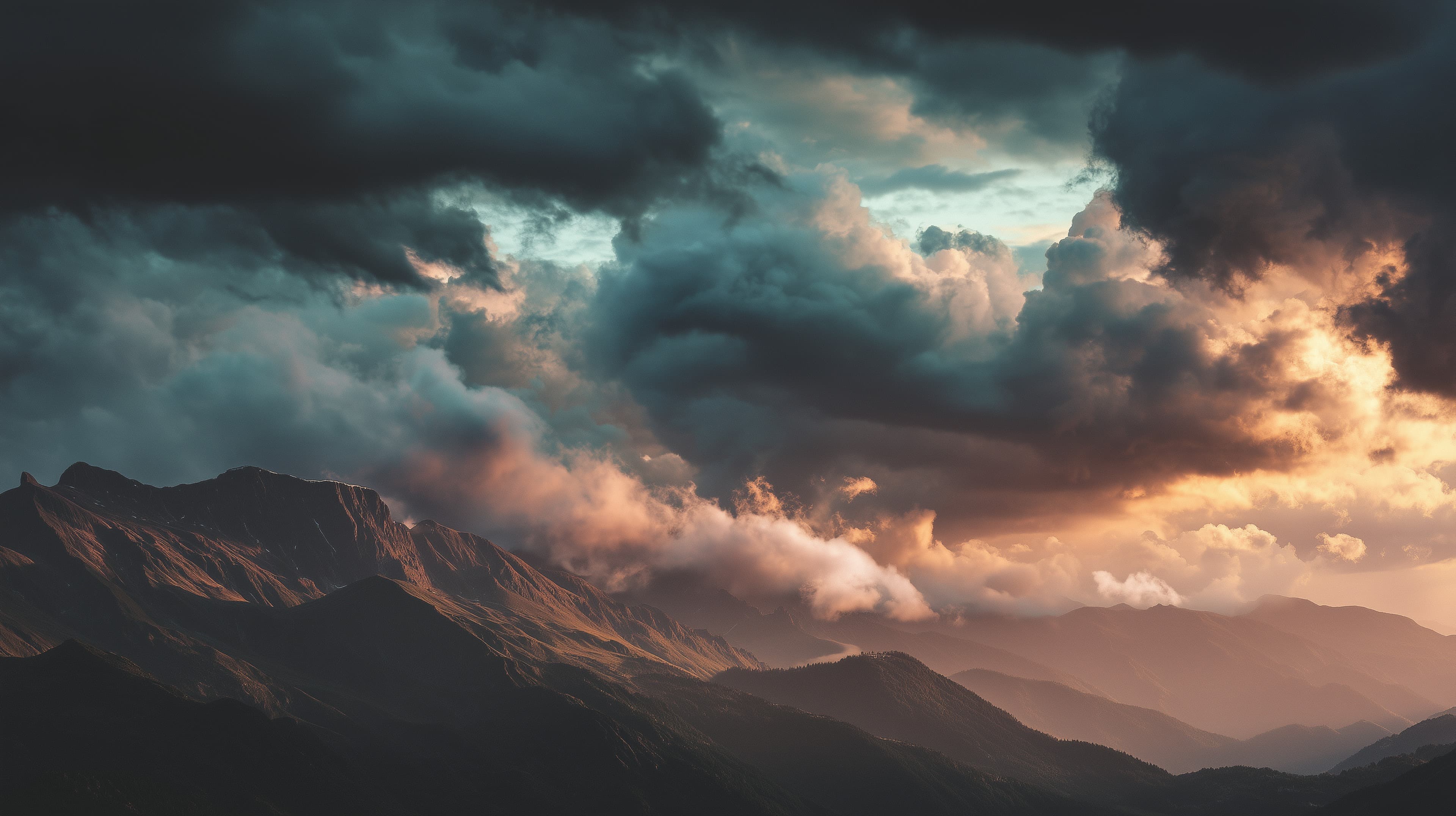 Dramatic Stormy Mountain Landscape at Sunset with Golden Sky - High Resolution alpine Wallpaper for Mobile and Desktop