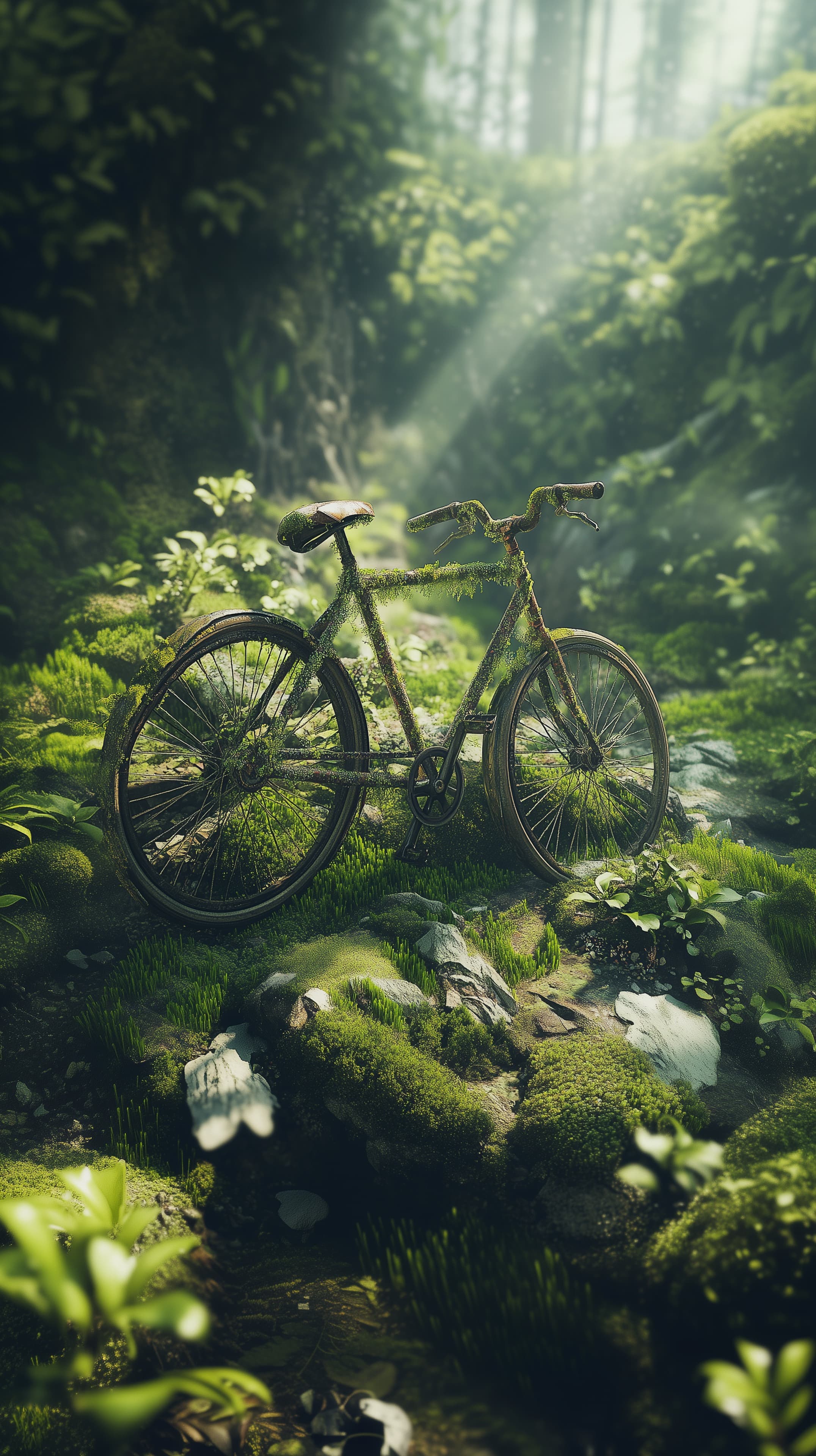Mossy Bicycle in Sunlit Forest - Serene Nature Wallpaper - High Resolution bicycle Wallpaper for Mobile and Desktop
