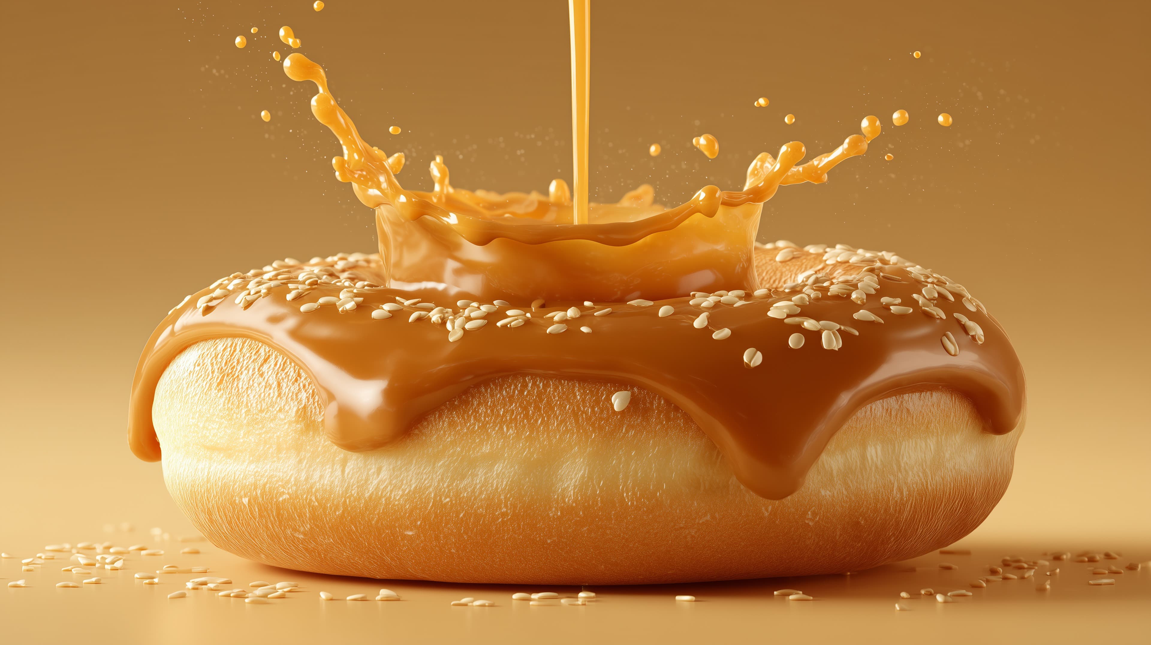 Golden Caramel Donut Splash with Sesame Glaze, Drip Moment - High Resolution donut Wallpaper for Mobile and Desktop