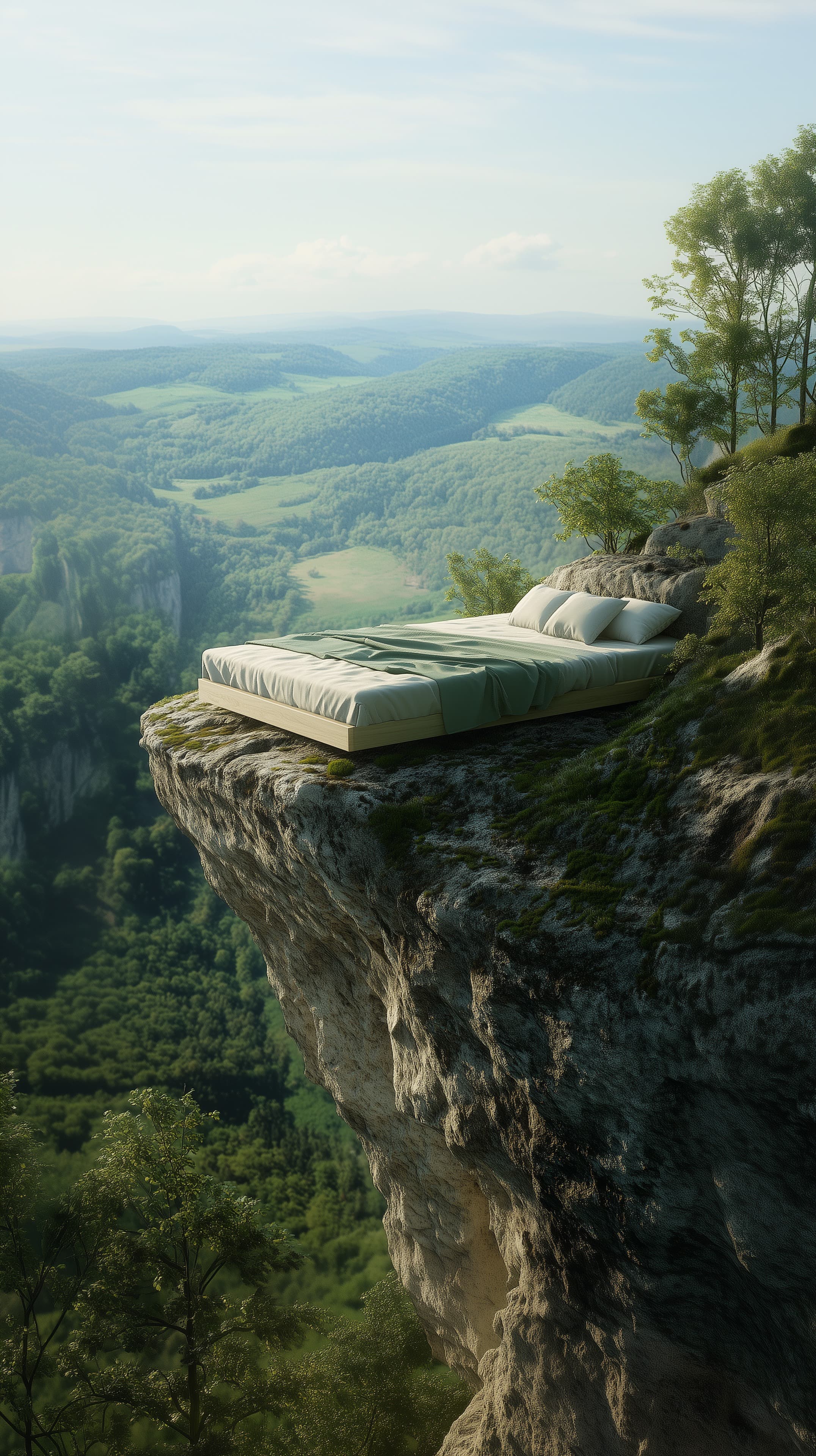 Dreamy Cliffside Bed Overlooking Verdant Valley Serenity - High Resolution bed Wallpaper for Mobile and Desktop