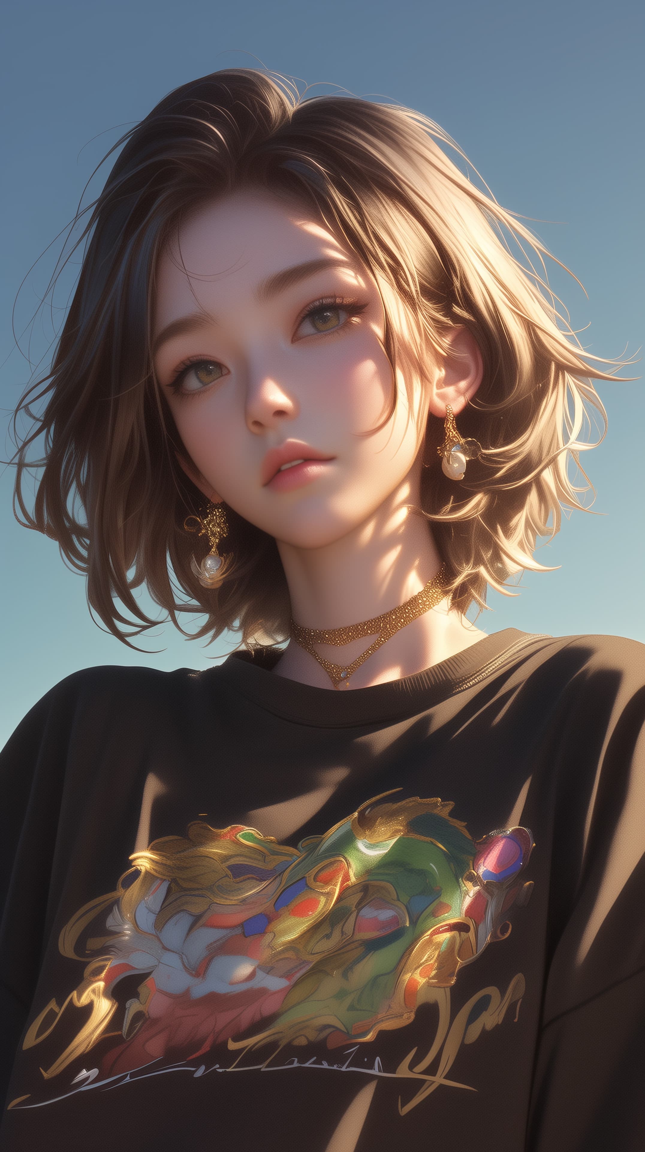 Dreamy Sunset Portrait of a Stylish Girl in Dragon Graphic Tee - High Resolution 3d-rendered-portrait Wallpaper for Mobile and Desktop