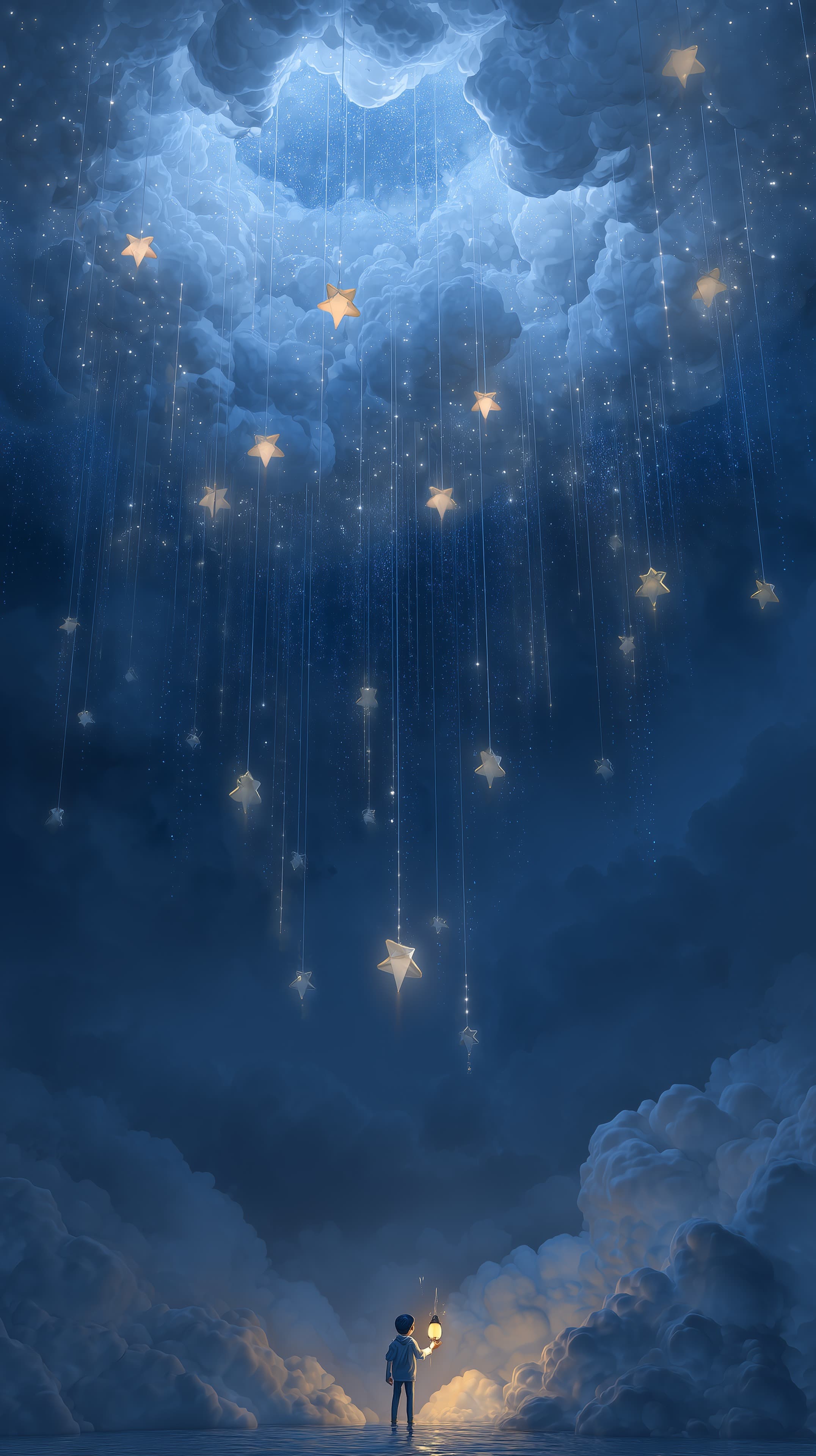 Dreamy Night Sky Wallpaper with Hanging Star Lanterns and Clouds - High Resolution blue-theme Wallpaper for Mobile and Desktop