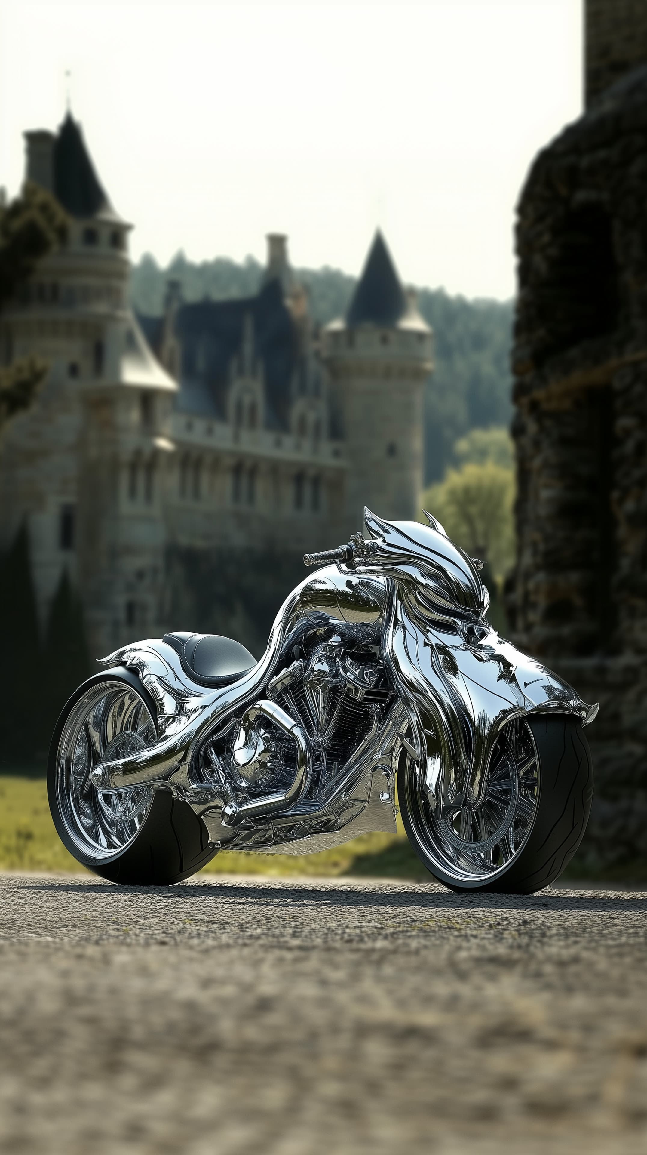 Shiny chrome fantasy motorcycle by ancient castle backdrop - High Resolution 3d-render Wallpaper for Mobile and Desktop