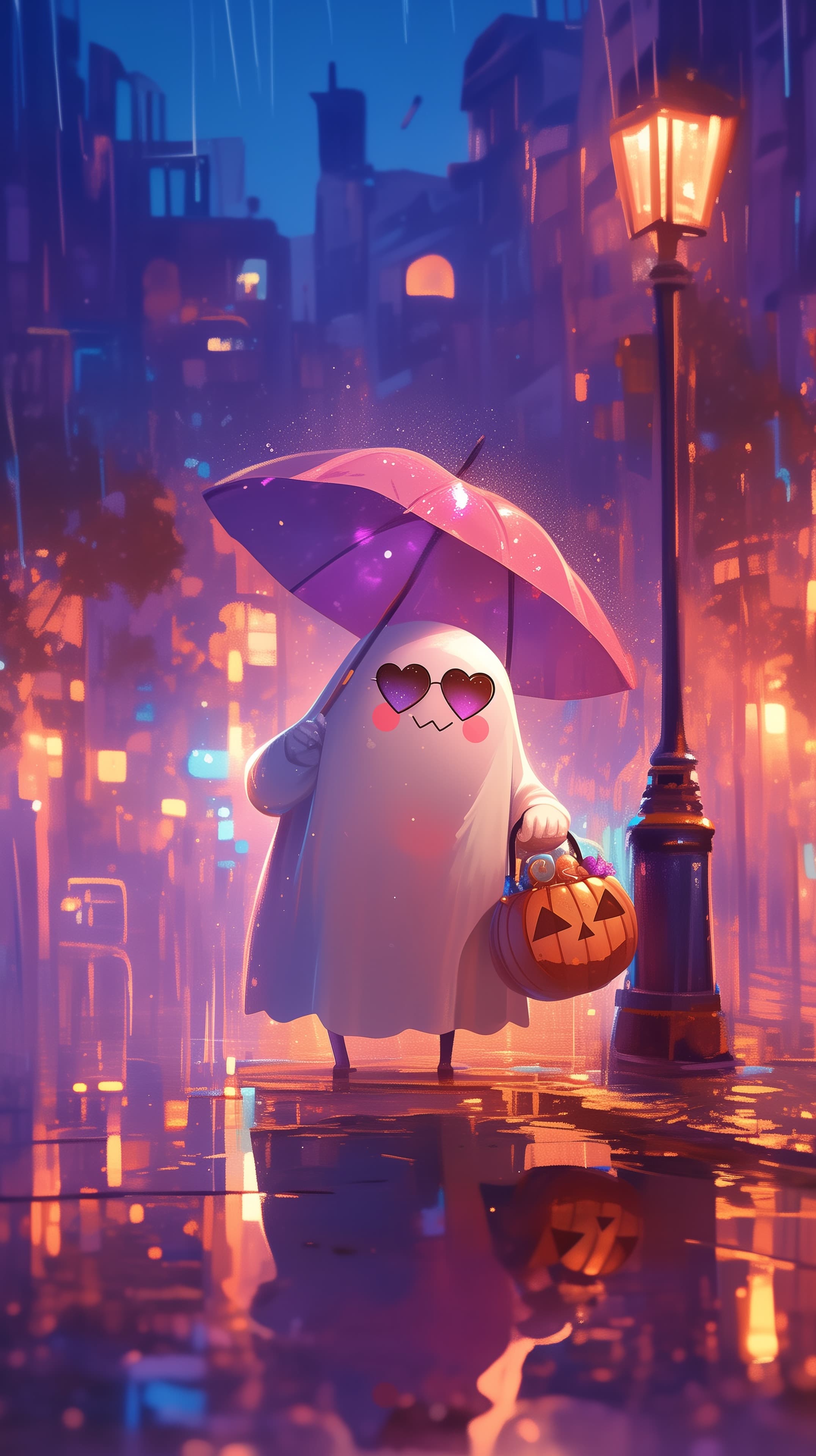 Whimsical Night Ghost with Umbrella in Neon Rain City - High Resolution cute-art Wallpaper for Mobile and Desktop