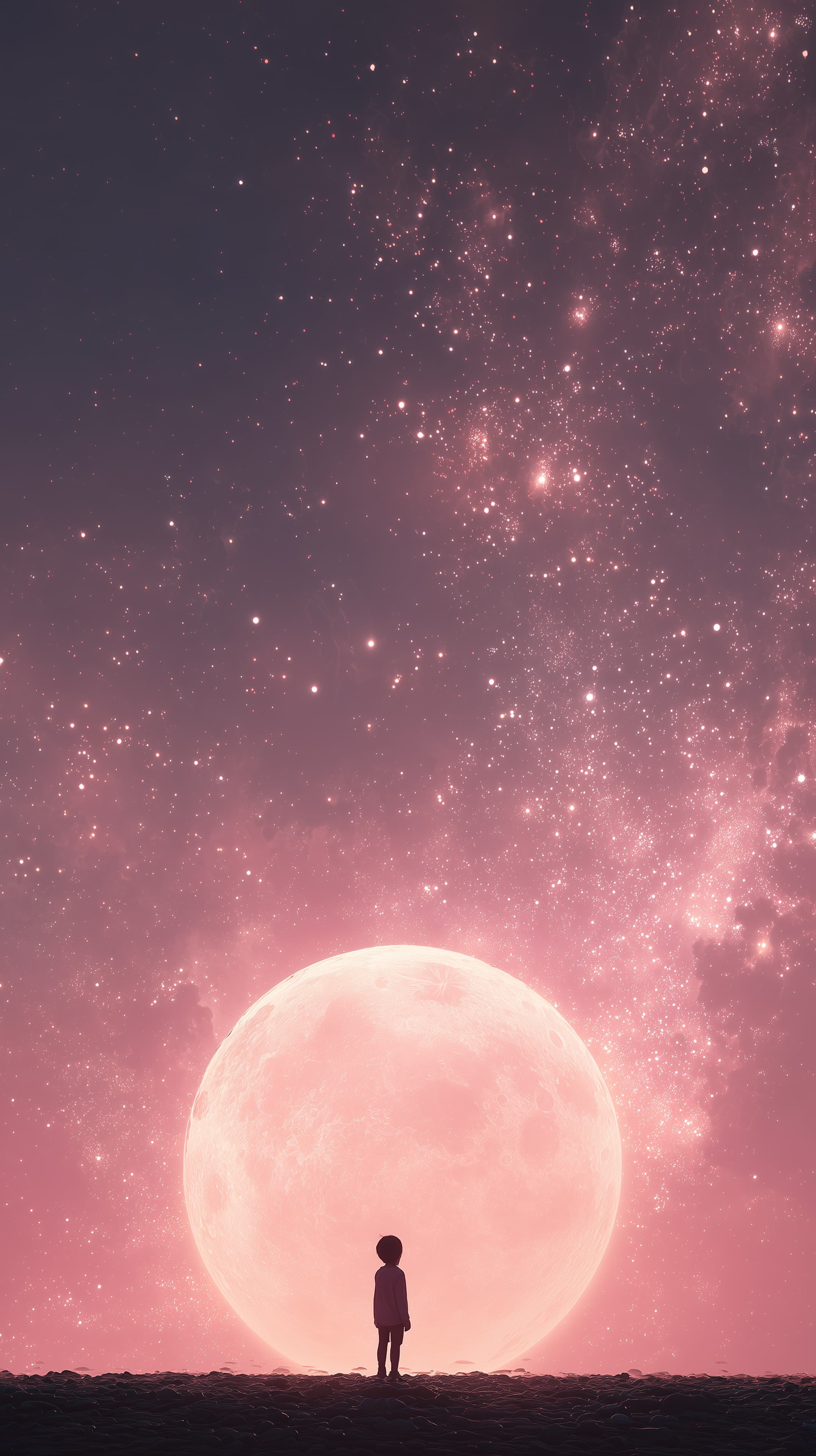 Dreamy Pink Moon Night Sky Wallpaper with Silhouette - High Resolution child-silhouette Wallpaper for Mobile and Desktop
