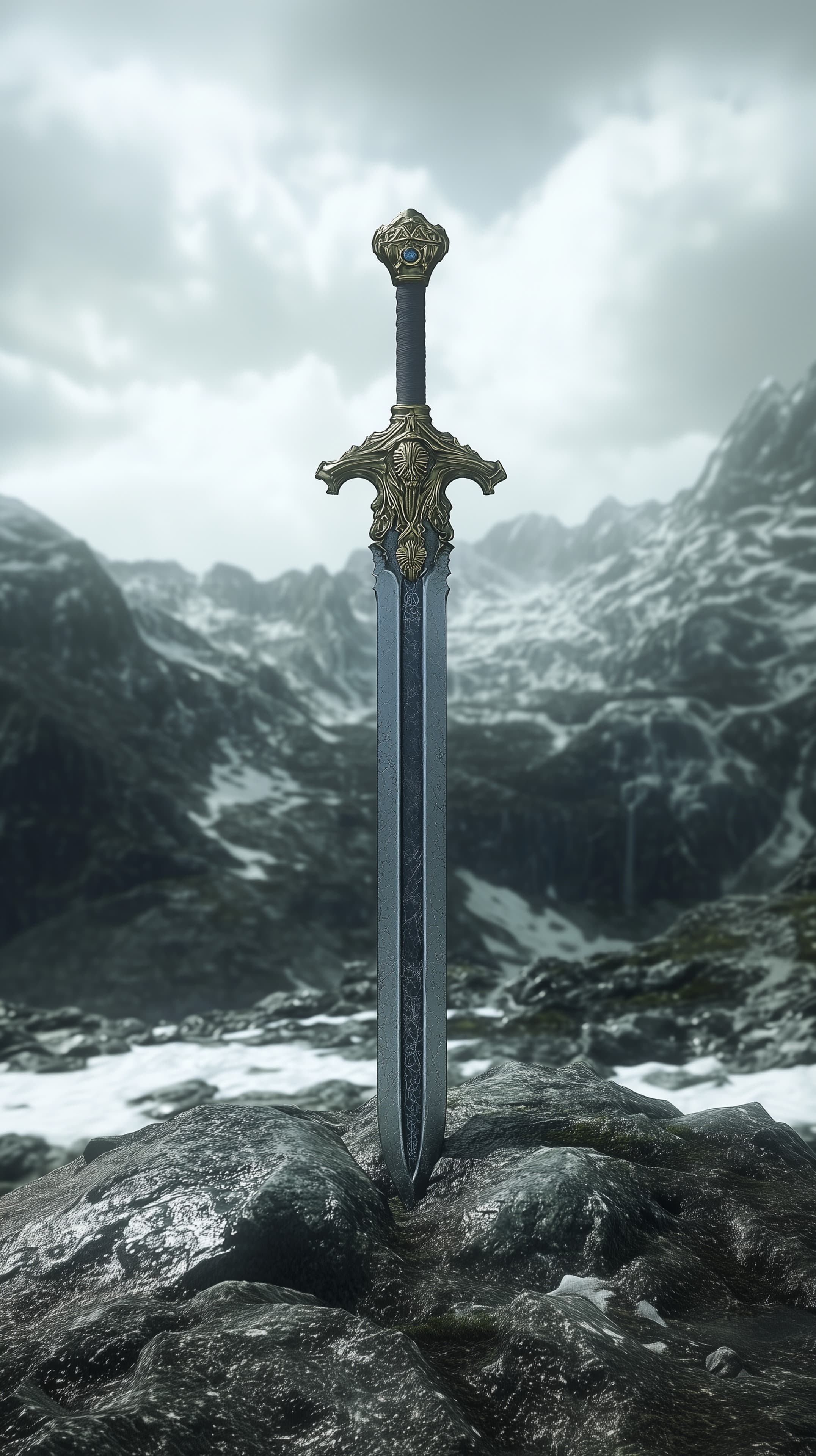 Majestic Fantasy Sword in a Snowy Mountain Landscape - High Resolution blue-gem-sword Wallpaper for Mobile and Desktop