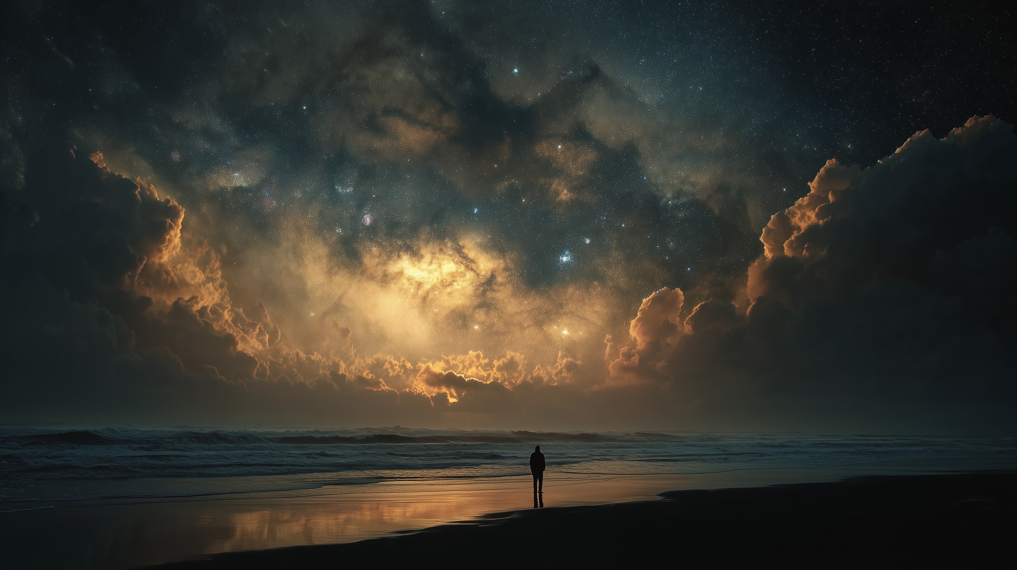 Night Ocean Scene with Starry Sky and Golden Cloud Glow - High Resolution beach Wallpaper for Mobile and Desktop