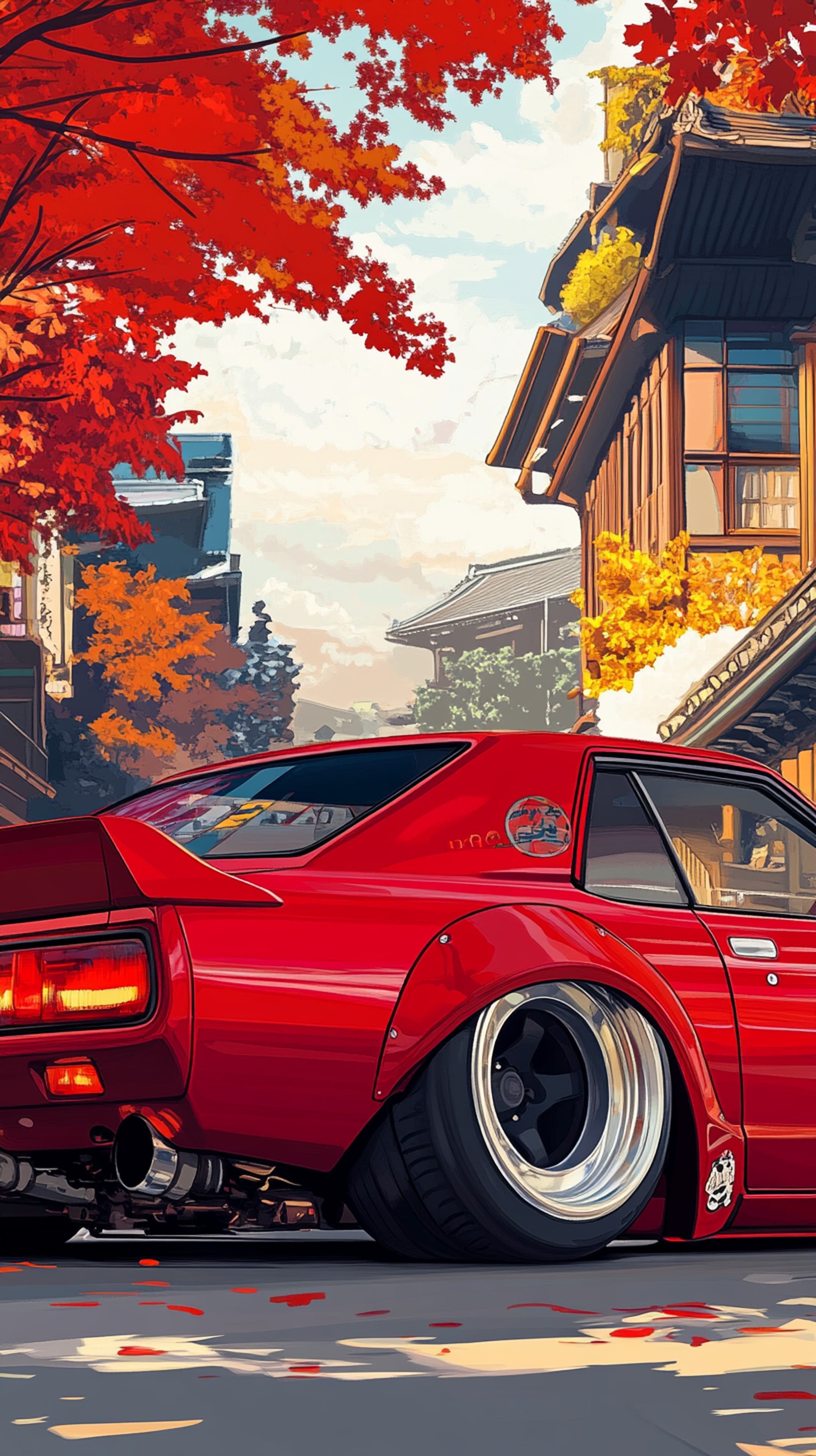 Vibrant Autumn Street Scene with a Lowered Red Sports Car Wallpaper - High Resolution anime-style Wallpaper for Mobile and Desktop