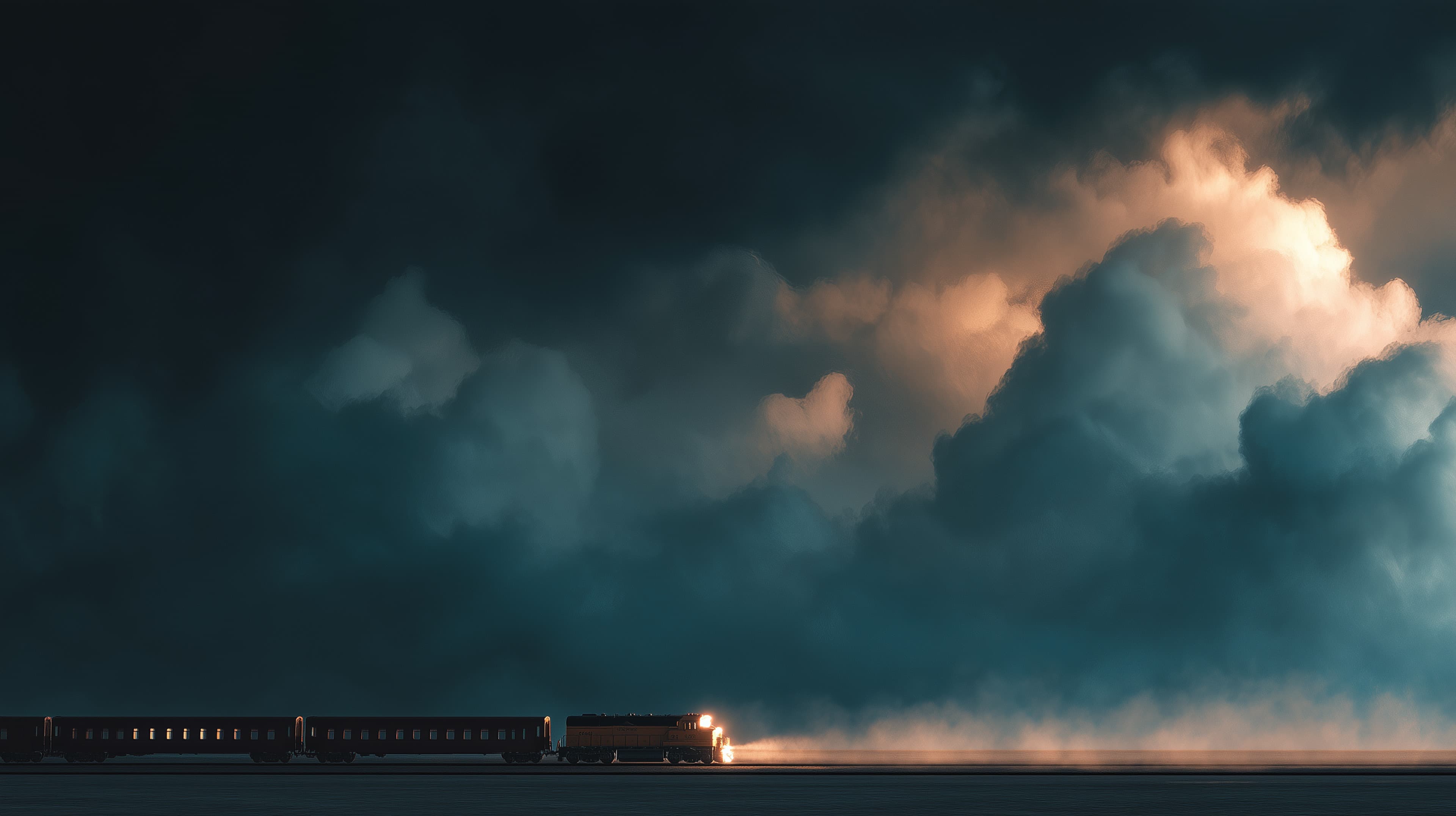 Moody Night Train Surrounded by Dramatic Storm Clouds - High Resolution blue-tones Wallpaper for Mobile and Desktop