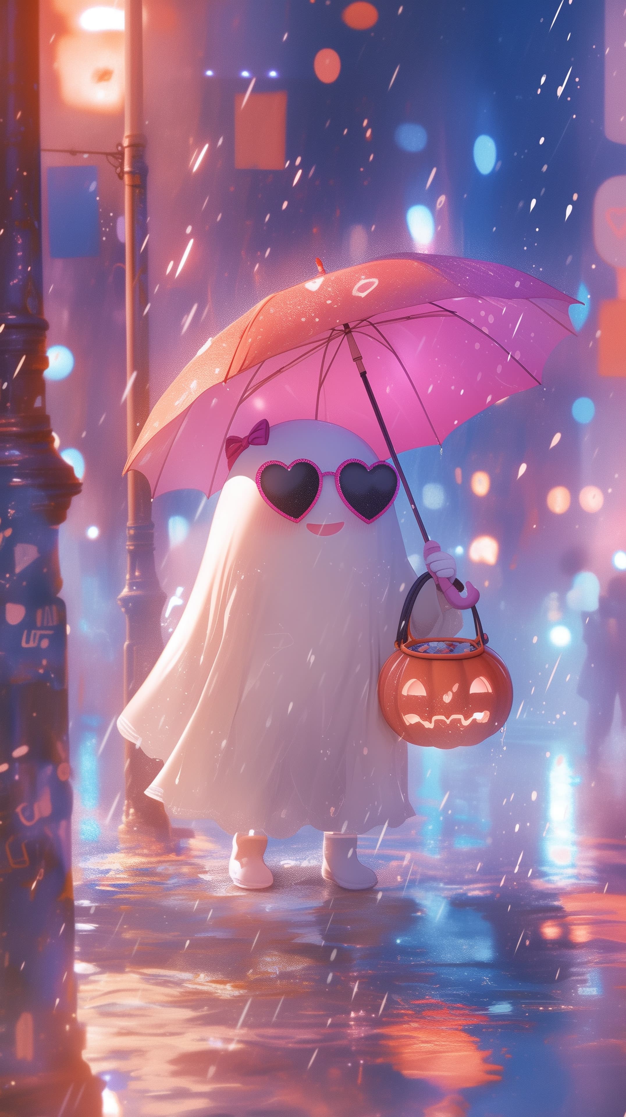 Whimsical Neon Ghost with Umbrella and Pumpkin Lantern - High Resolution city Wallpaper for Mobile and Desktop