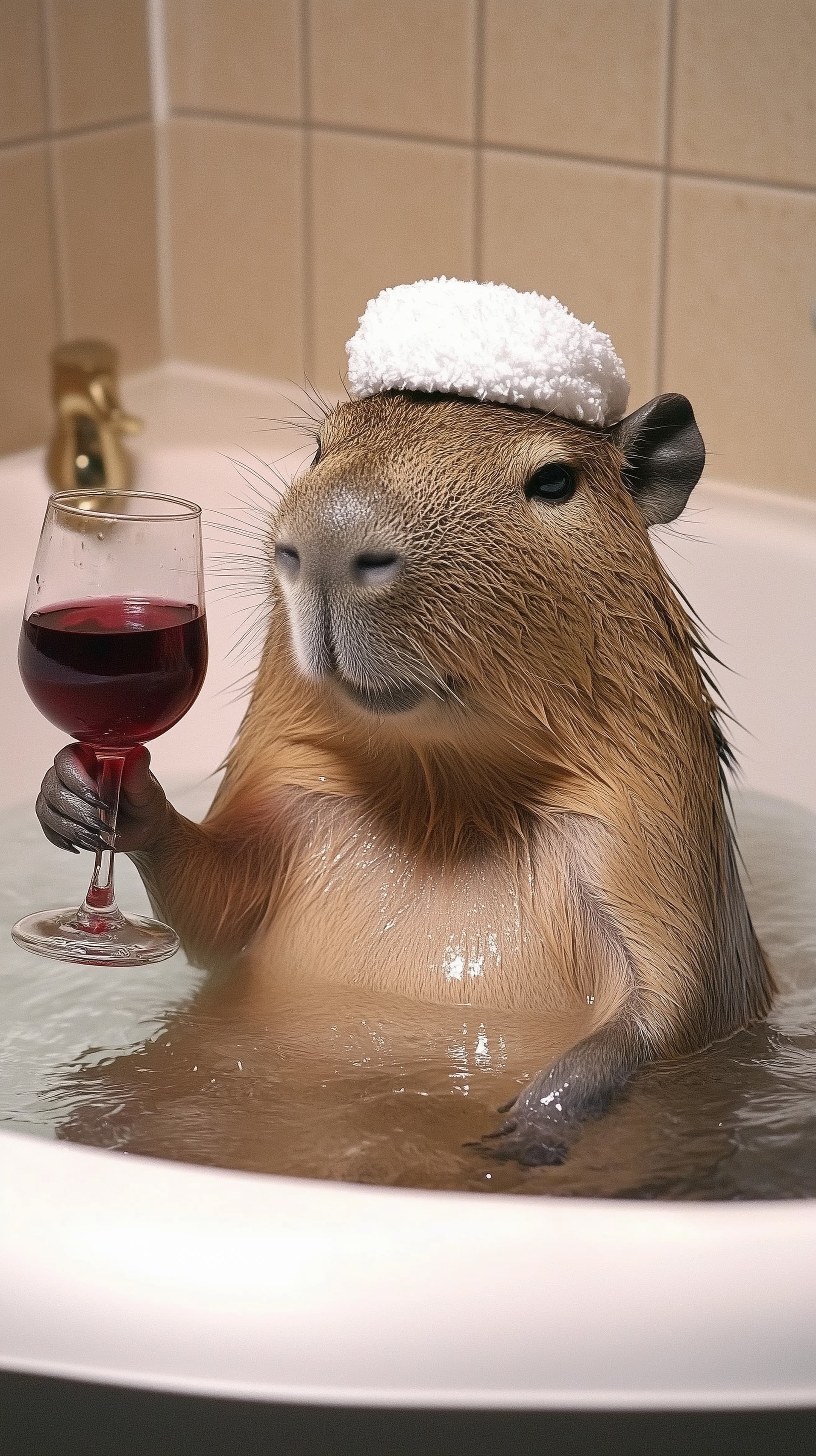 Whimsical Capybara Bath Time Celebration with Wine Wallpaper - High Resolution animal-artwork Wallpaper for Mobile and Desktop