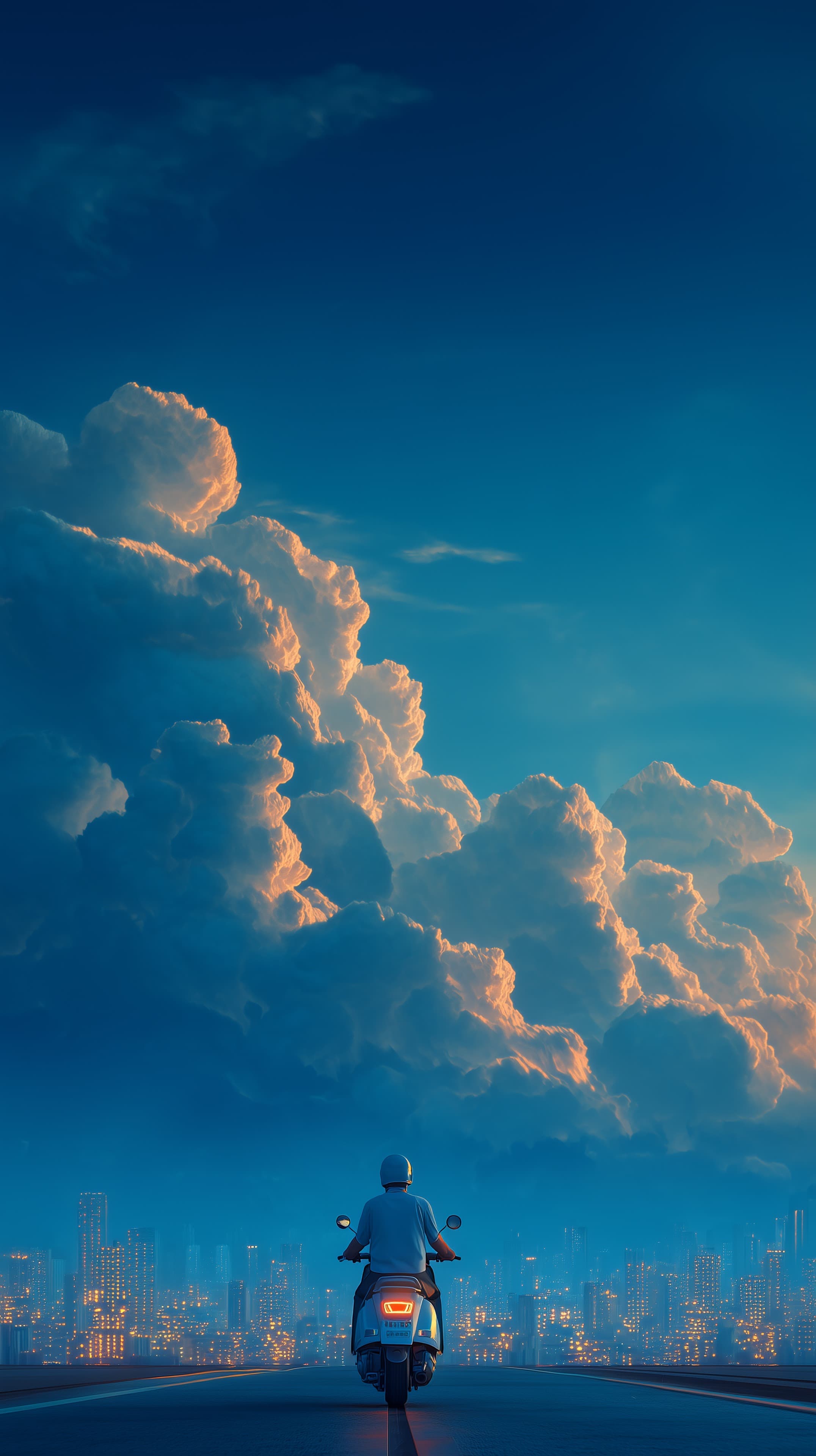 Blue Hour City Ride Under Majestic Cloudscape and Lights - High Resolution blue-hour Wallpaper for Mobile and Desktop