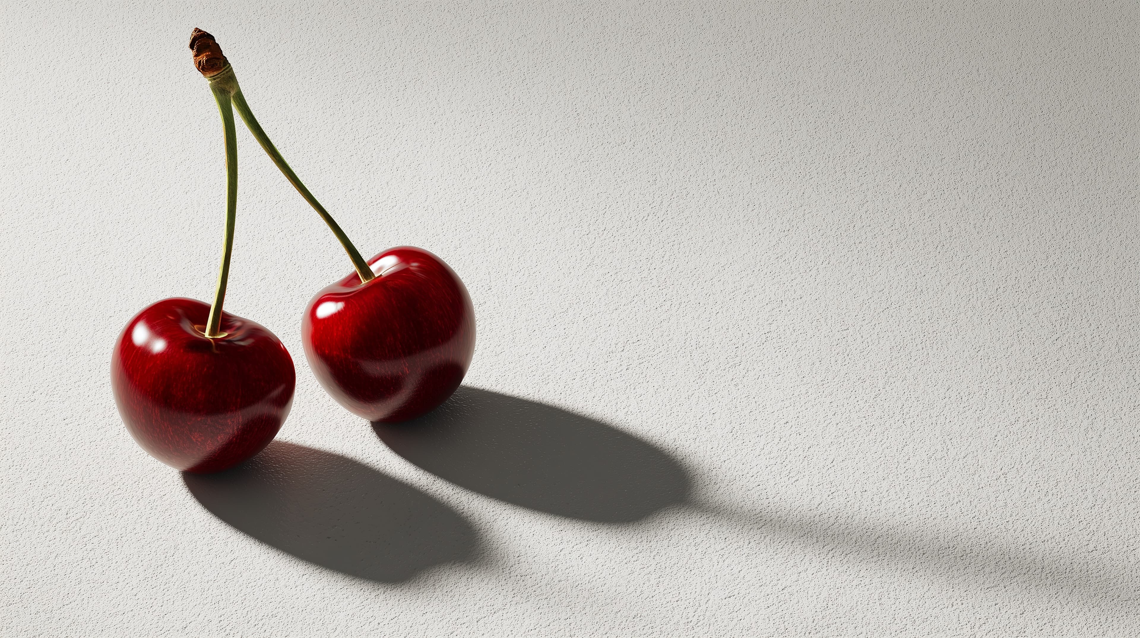 Two Glossy Cherries on White Surface - Minimal Still Life Wallpaper - High Resolution cherries Wallpaper for Mobile and Desktop