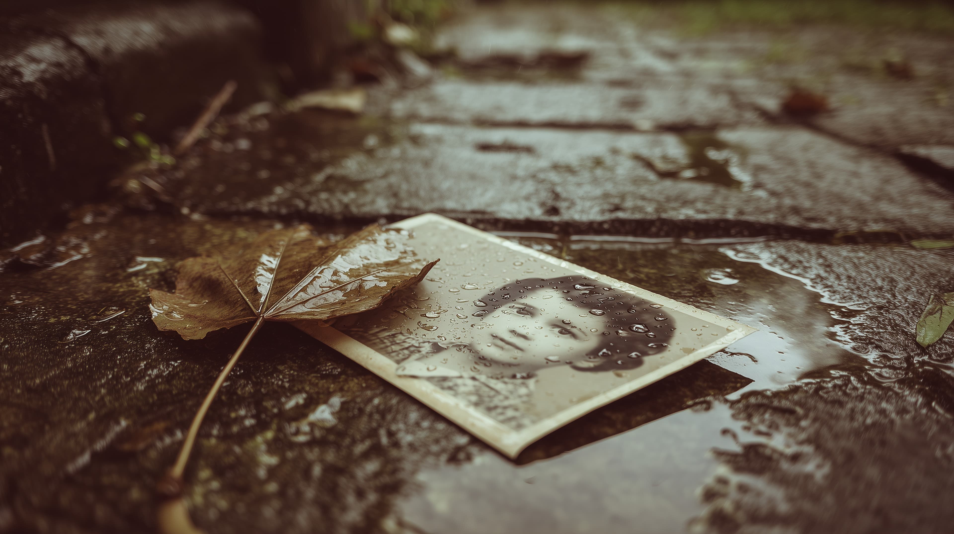 Vintage Portrait on Rainy Pavement with Wet Leaf Close-up - High Resolution vintage Wallpaper for Mobile and Desktop