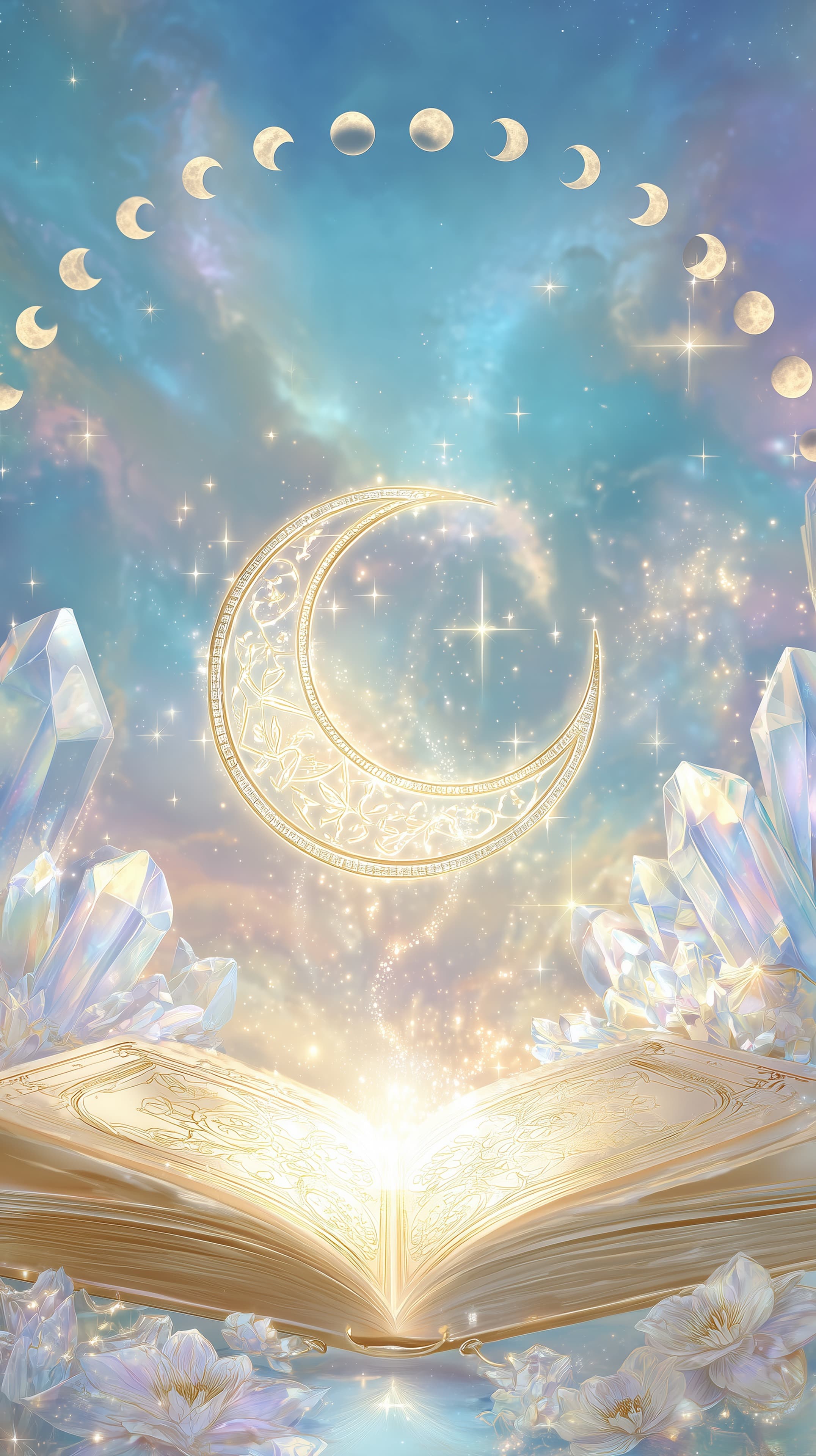 Enchanted Moon and Crystal Bookscape: Dreamy Fantasy Wallpaper - High Resolution book Wallpaper for Mobile and Desktop