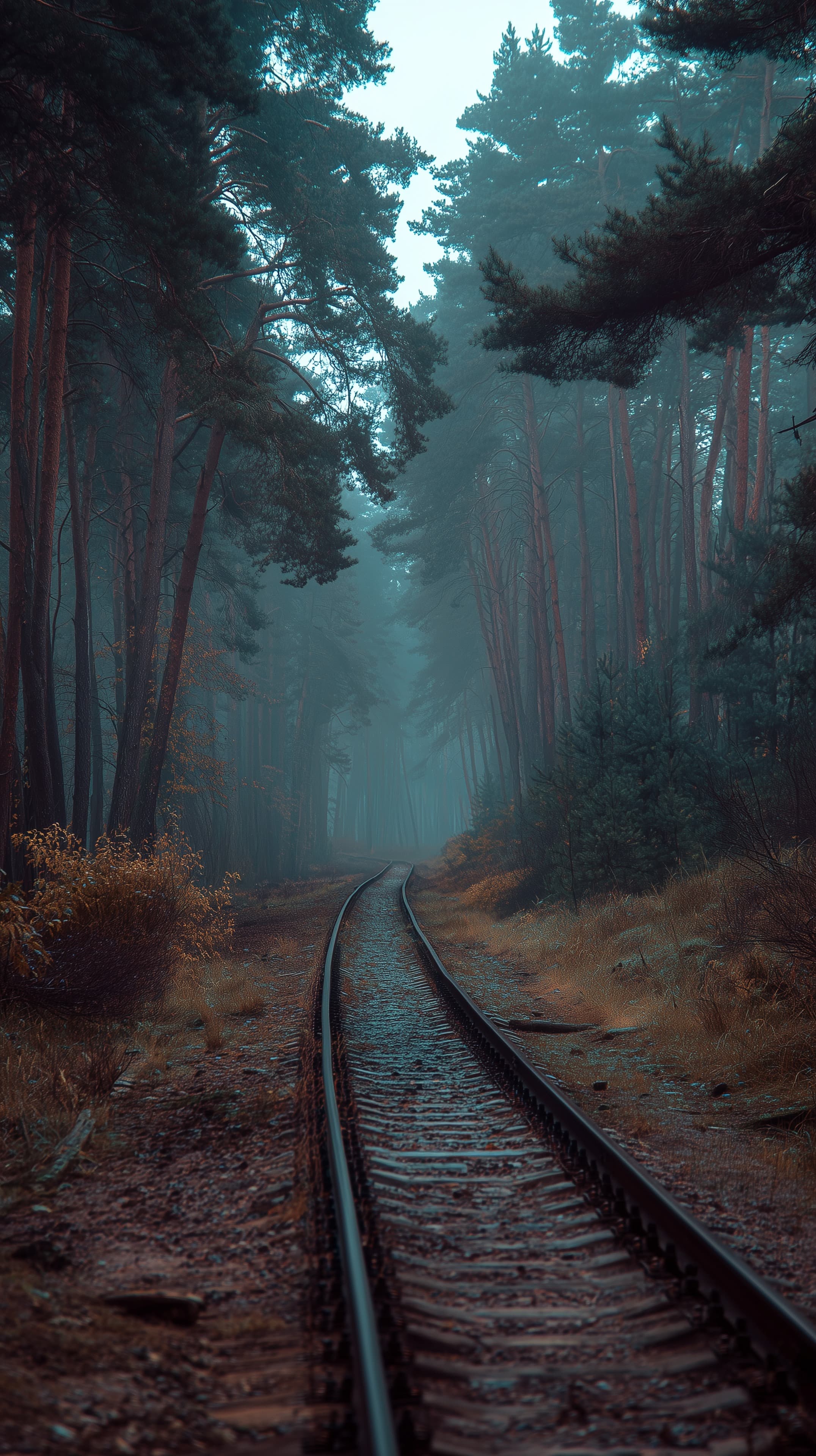 Moody Forest Railway Tracks in Dense Fog - Atmospheric Wallpaper - High Resolution cinematic-wallpaper Wallpaper for Mobile and Desktop