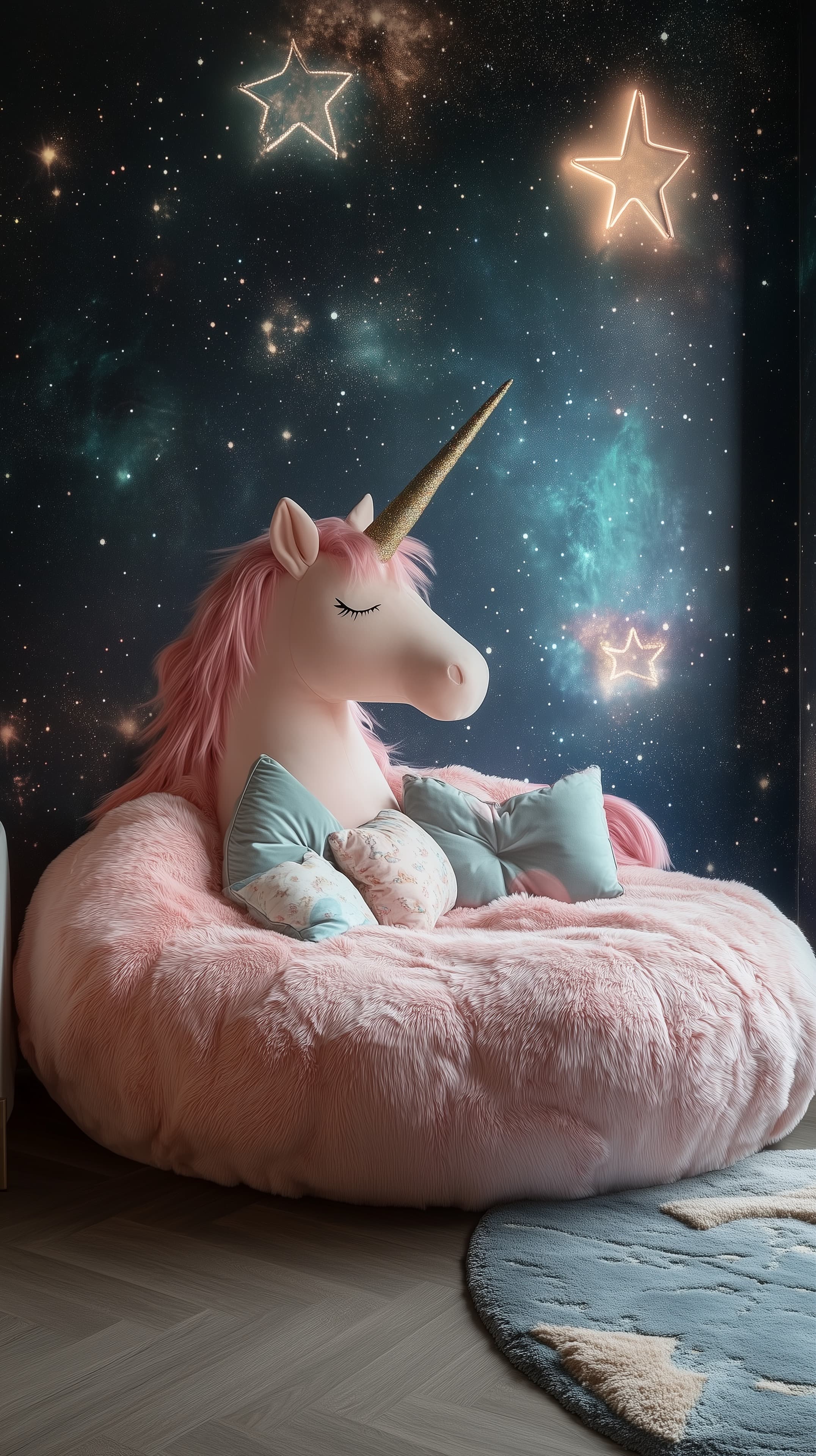 Pastel Unicorn in Cosmic Night Sky - Cozy Bedroom Wall Decor - High Resolution cosmic Wallpaper for Mobile and Desktop