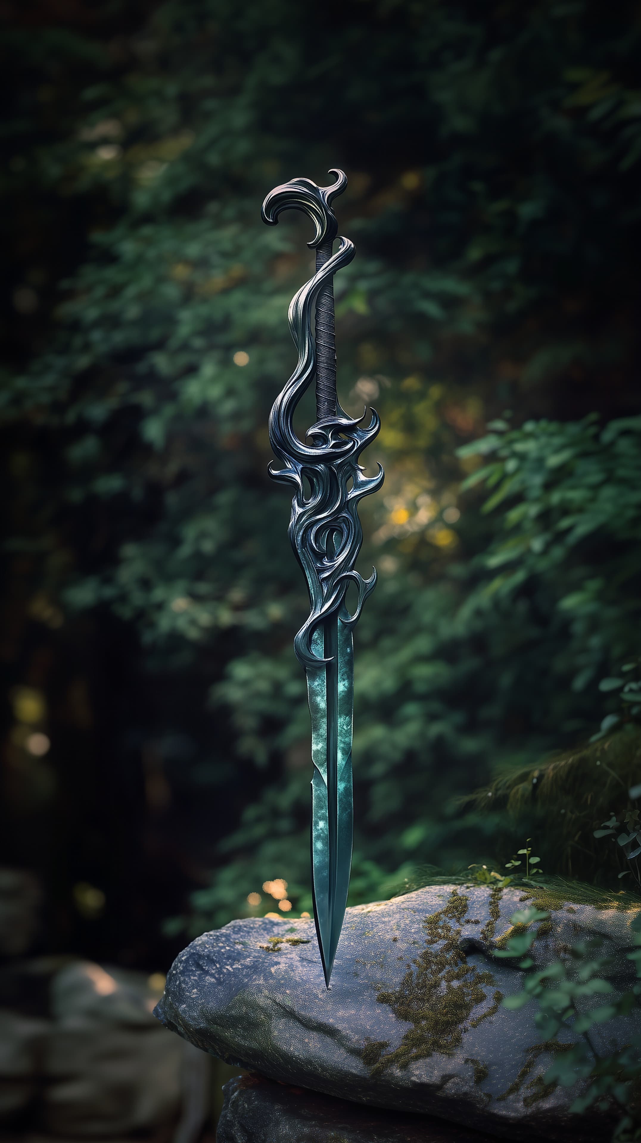 Ornate Fantasy Sword in Forest: Twisted-Hilt Blade - High Resolution blade Wallpaper for Mobile and Desktop