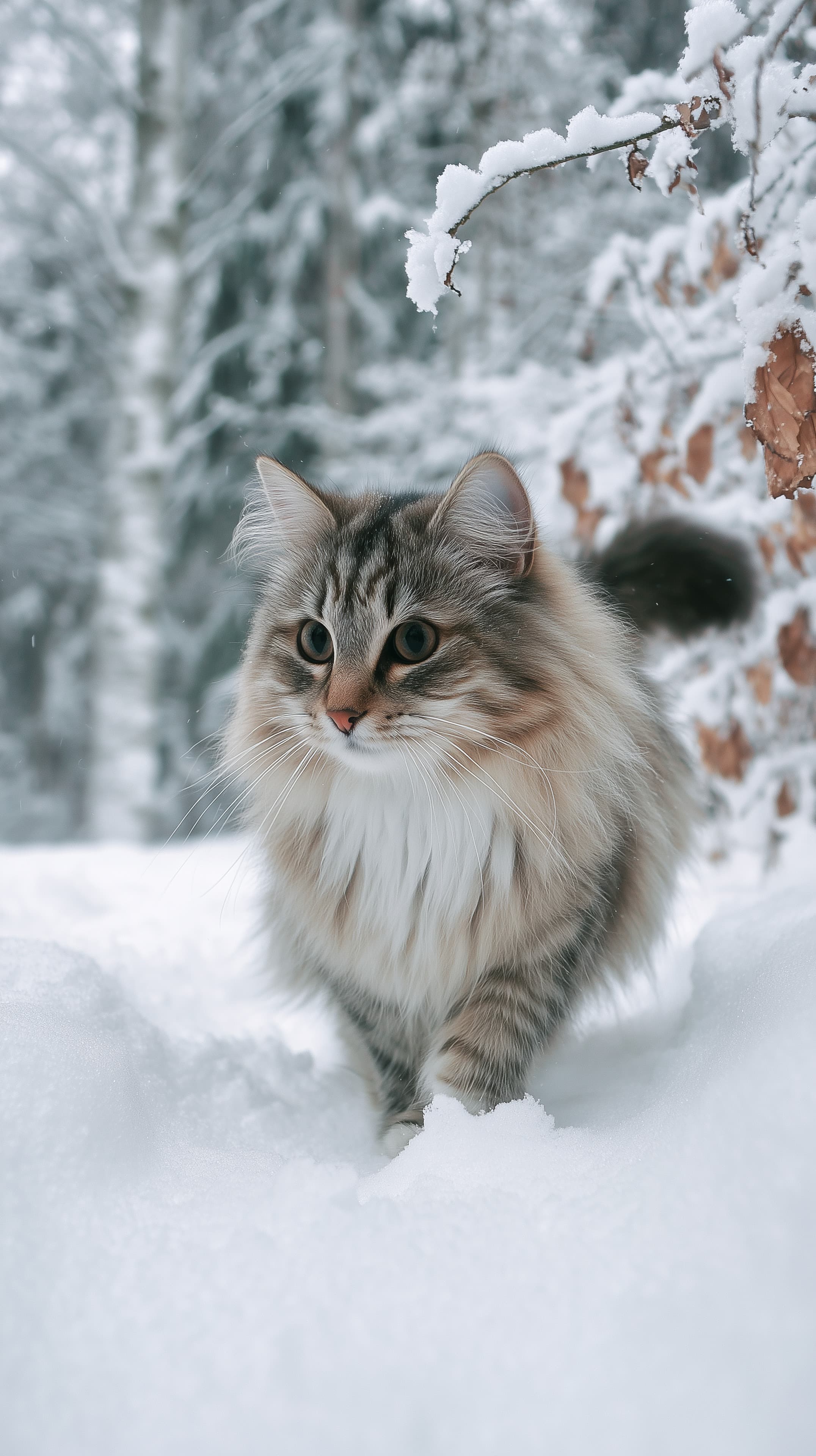 Majestic Snowy Scene with Fluffy Cat in Winter Wonderland Wallpaper - High Resolution cat Wallpaper for Mobile and Desktop