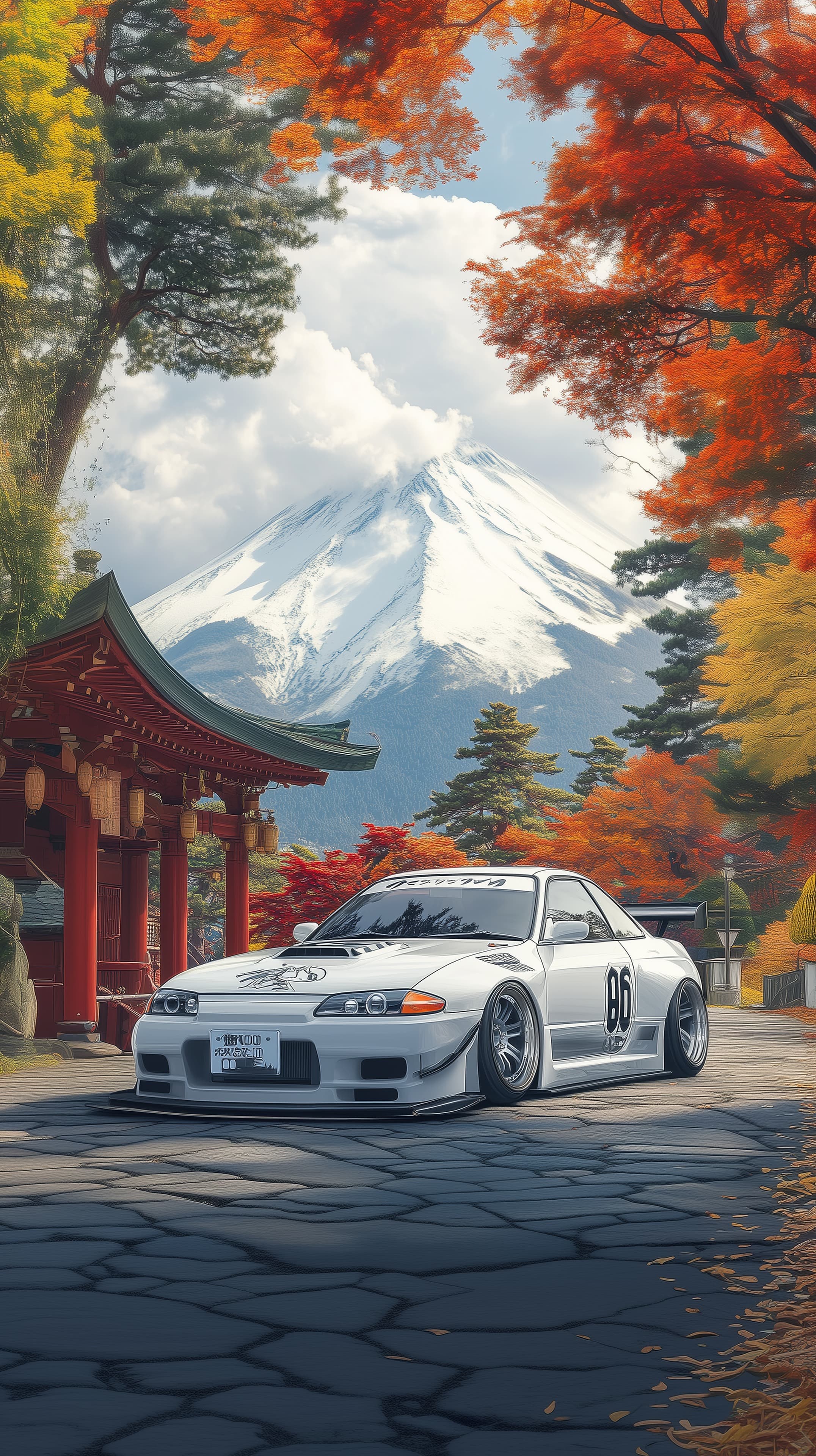 Autumn Mountain Shrine Scene with White Sports Car - High Resolution autumn Wallpaper for Mobile and Desktop