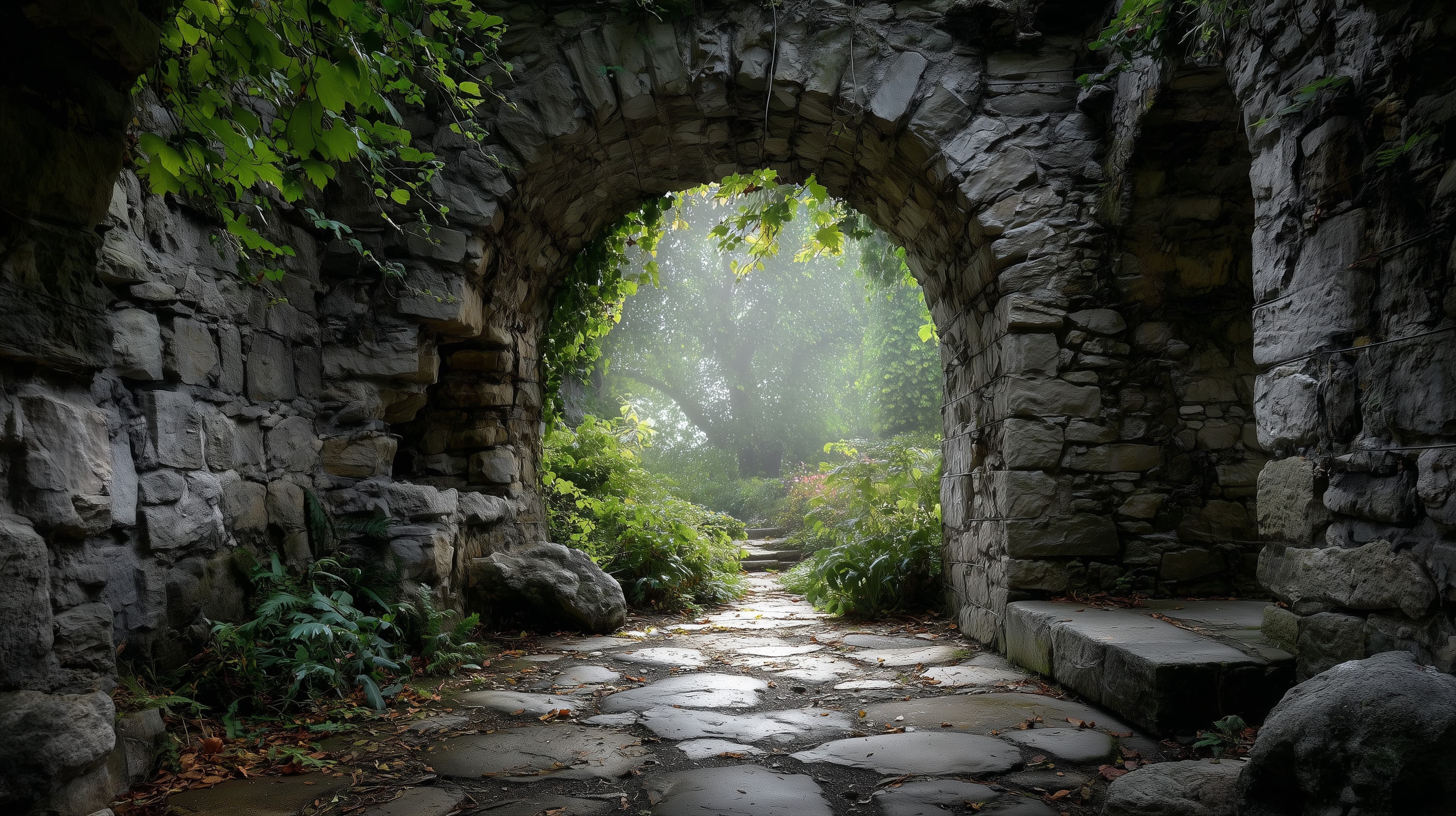 Mossy Stone Arch Gateway Over a Serene Misty Garden Path - High Resolution stone-arch Wallpaper for Mobile and Desktop