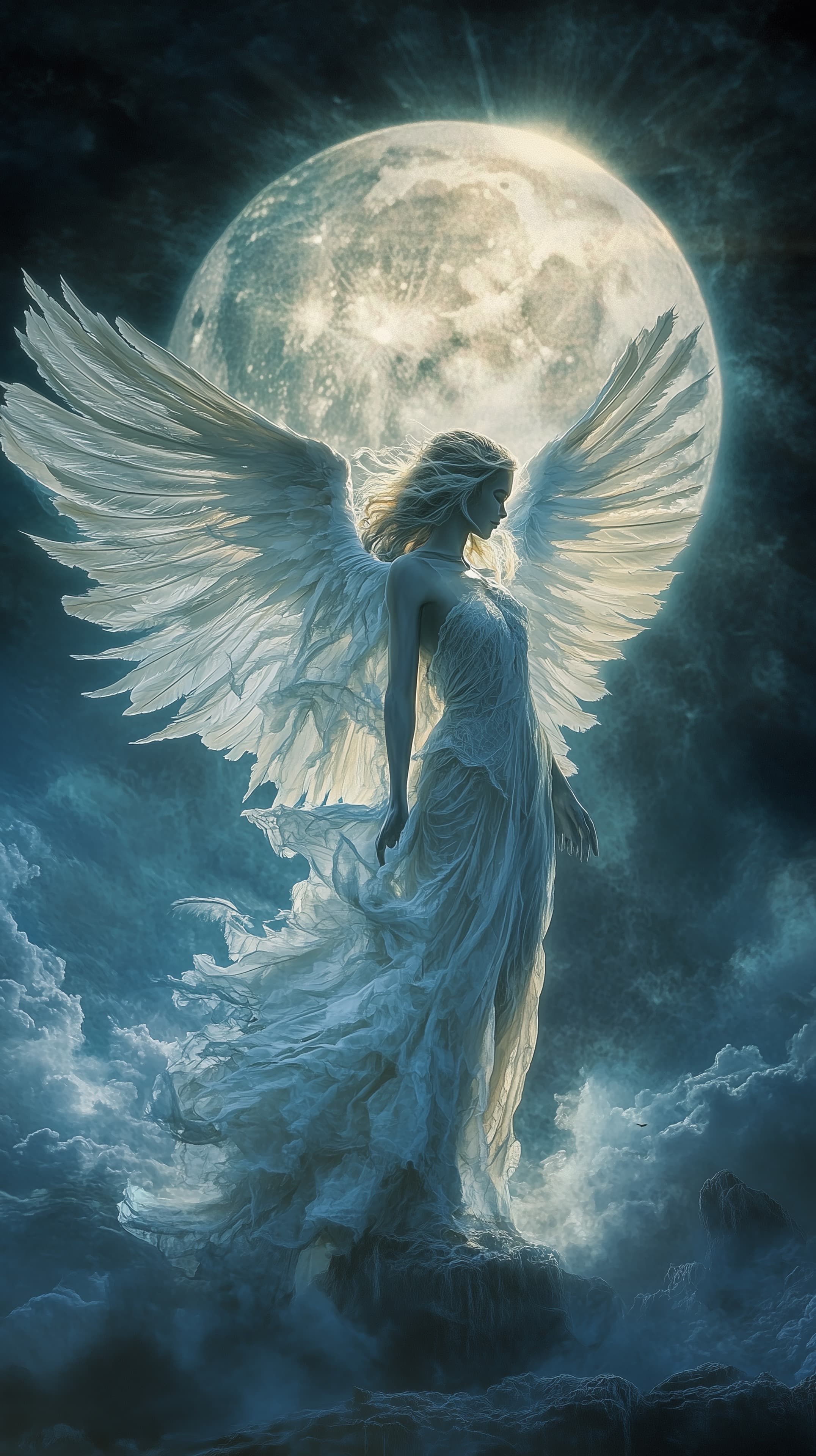 Moonlit Winged Figure in Dreamy Nightscape with Moon - High Resolution winged-figure Wallpaper for Mobile and Desktop