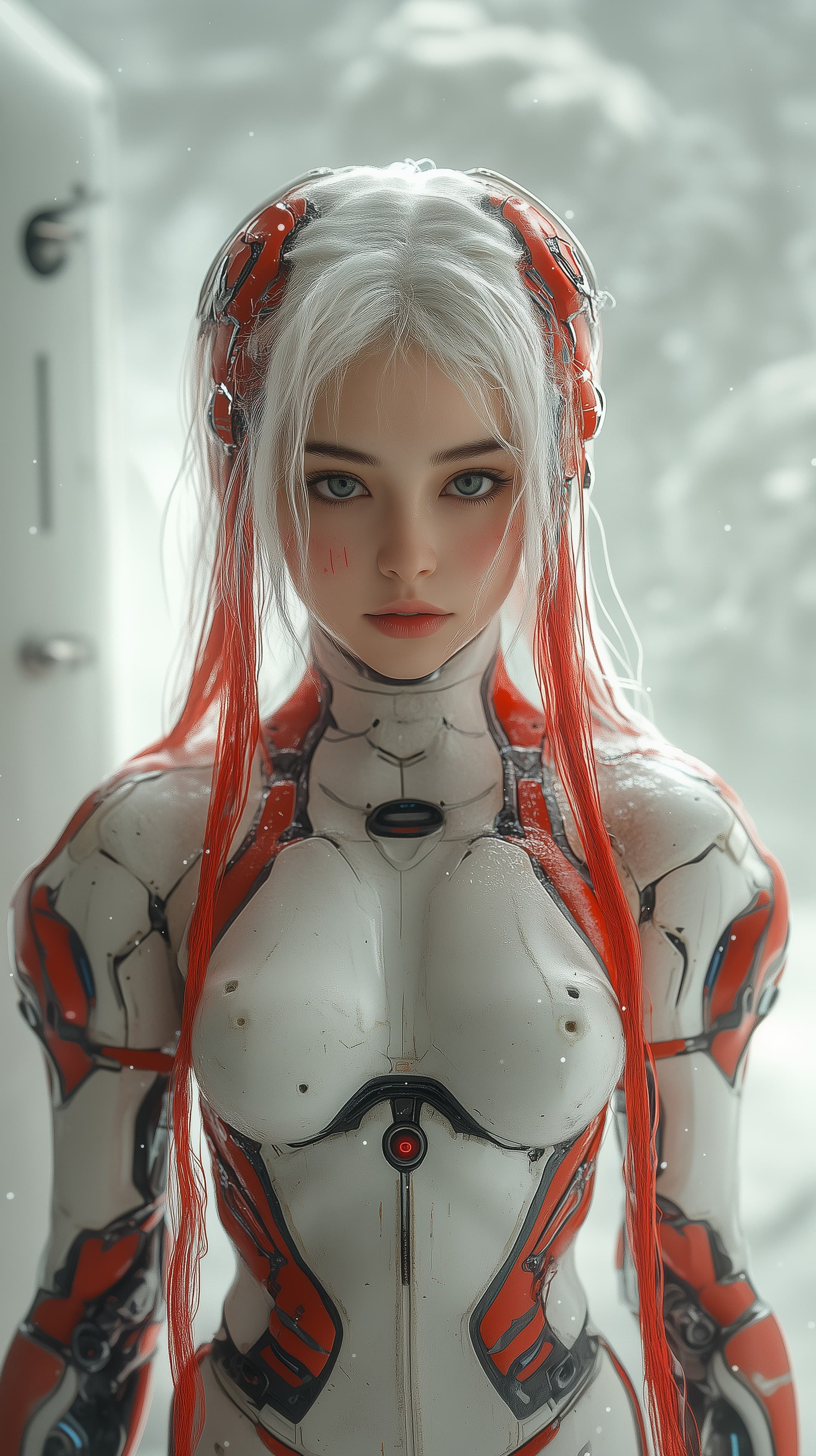 Futuristic Cyborg Woman in Red-Accent Armor Wallpaper - High Resolution armor Wallpaper for Mobile and Desktop