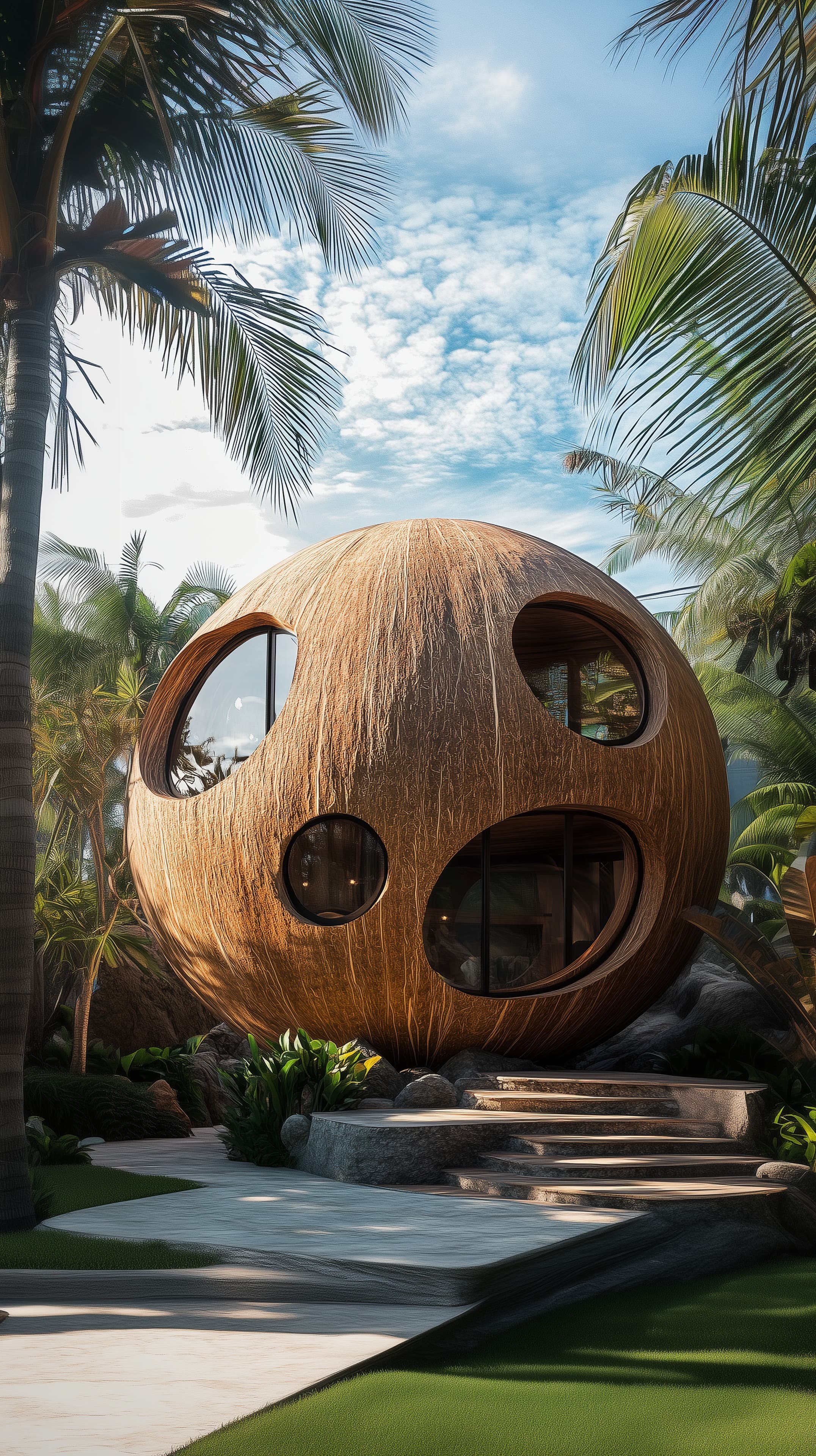 Sphere-shaped wooden villa in a tropical garden wallpaper - High Resolution eco-architecture Wallpaper for Mobile and Desktop