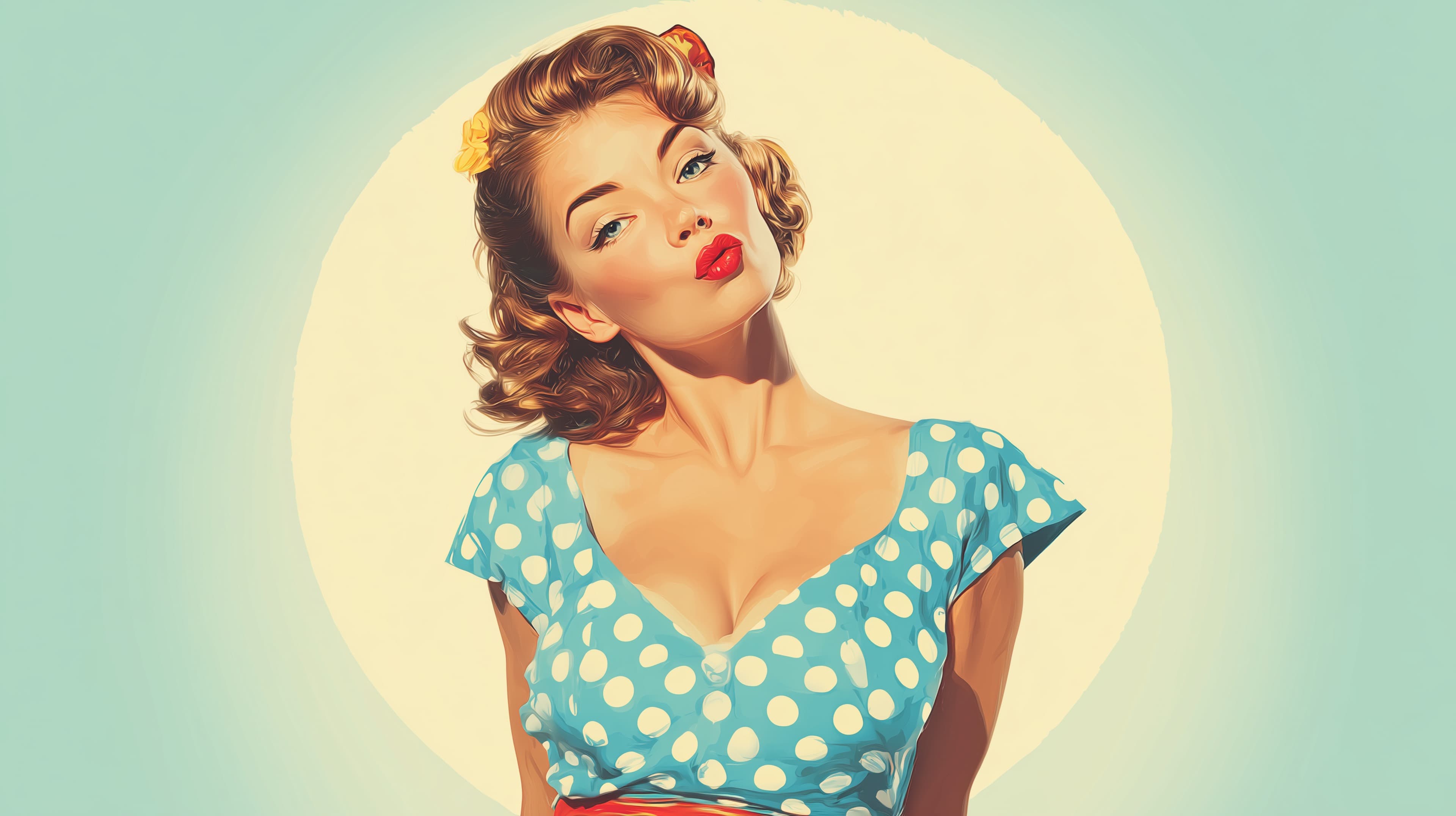 Vintage pin-up girl in blue polka-dot dress wallpaper - High Resolution blue-dress Wallpaper for Mobile and Desktop