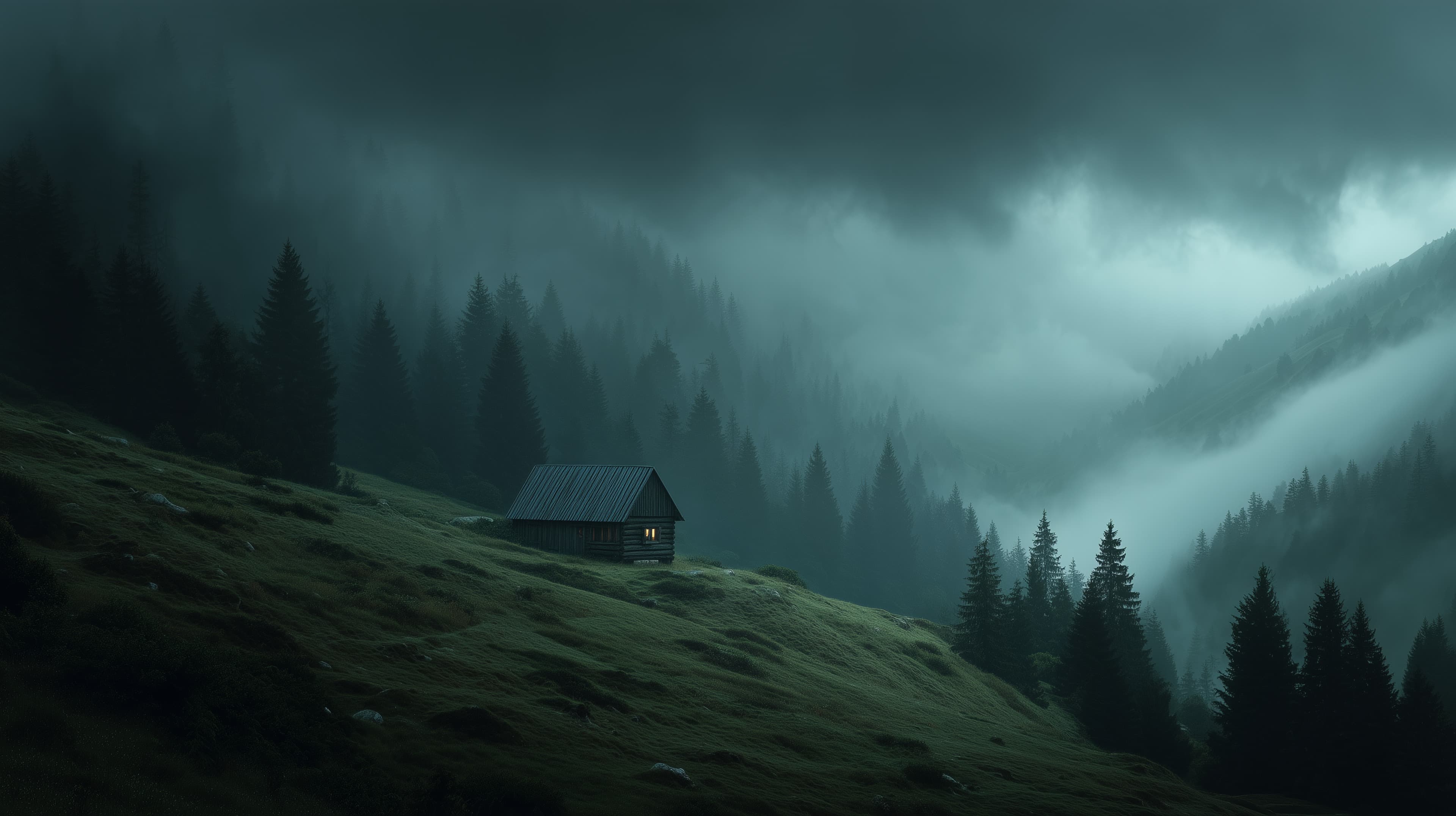 Mist-Shrouded Mountain Cabin in a Foggy Pine Forest at Dusk - High Resolution cabin Wallpaper for Mobile and Desktop