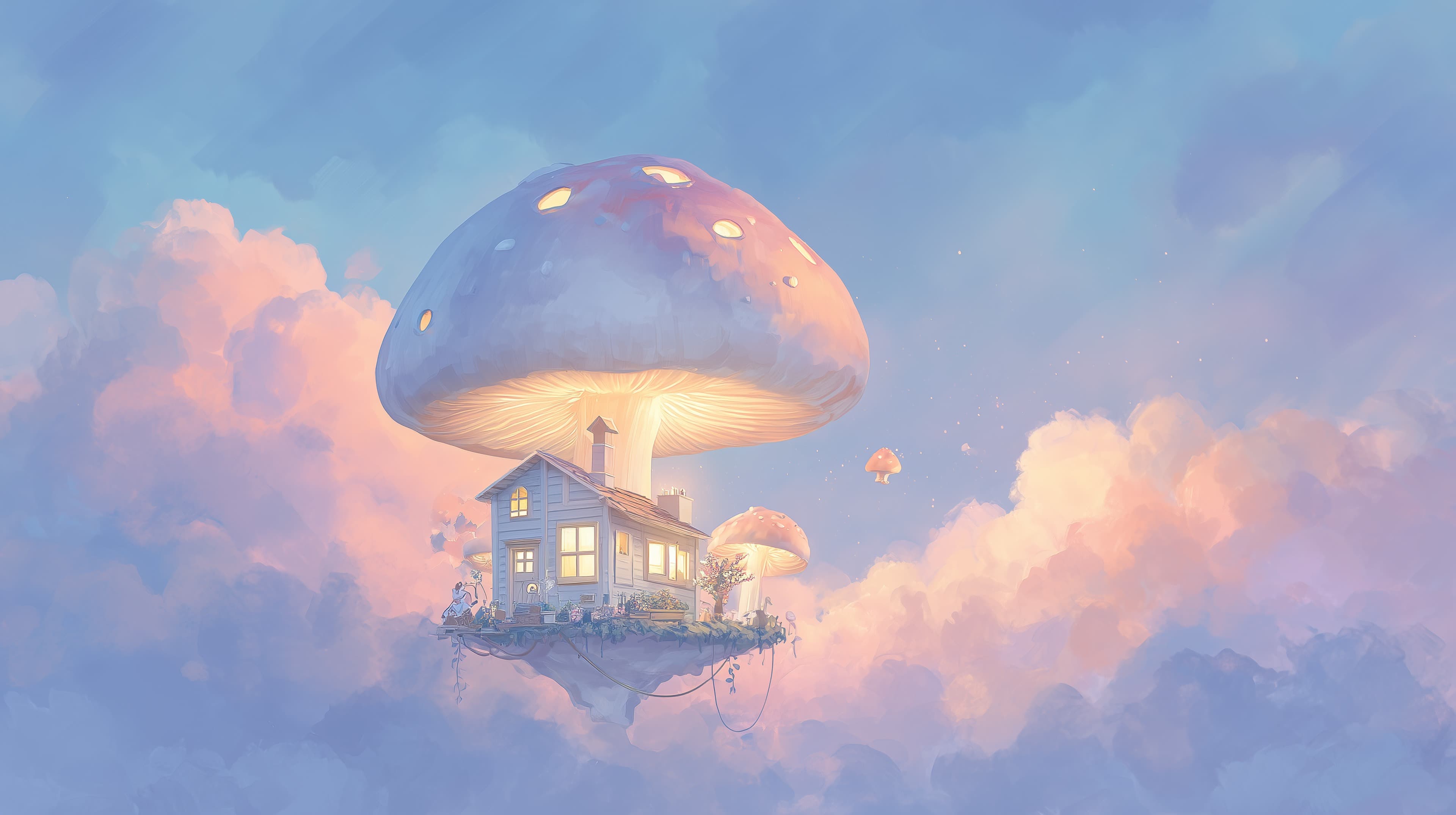 Dreamy Mushroom House in the Sky Fantasy Wallpaper - High Resolution calm-background Wallpaper for Mobile and Desktop