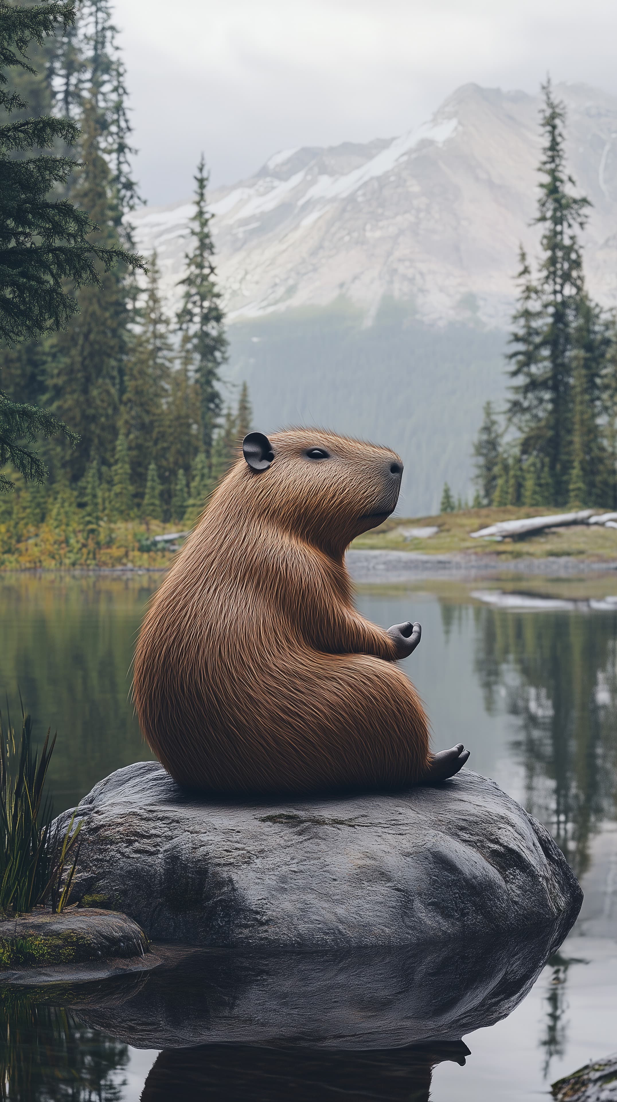 Serene Beaver on Rock by Mountain Lake - Nature Wallpaper - High Resolution beaver Wallpaper for Mobile and Desktop