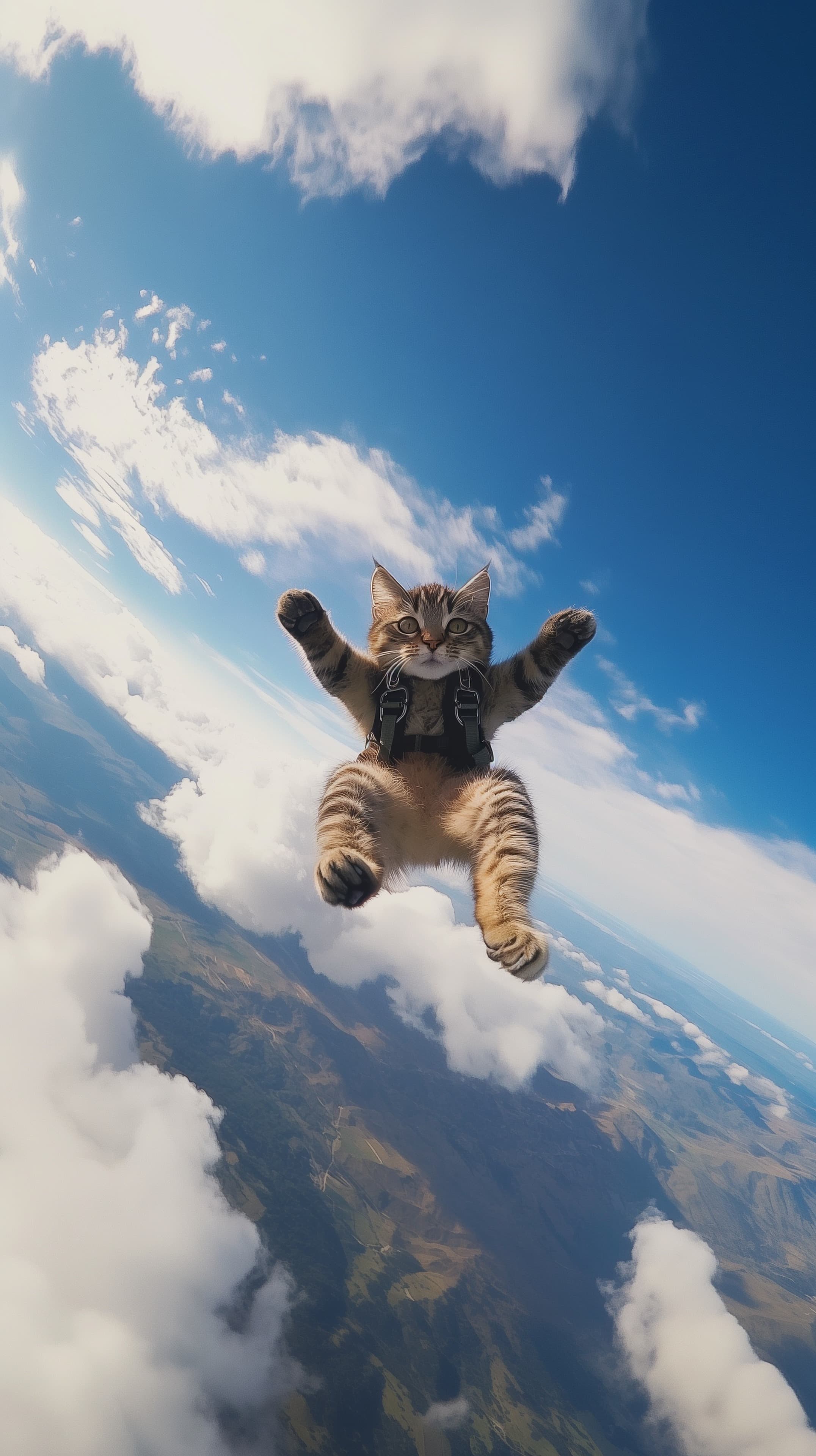 Playful cat skydiving over a vivid blue sky and clouds - High Resolution adventure Wallpaper for Mobile and Desktop