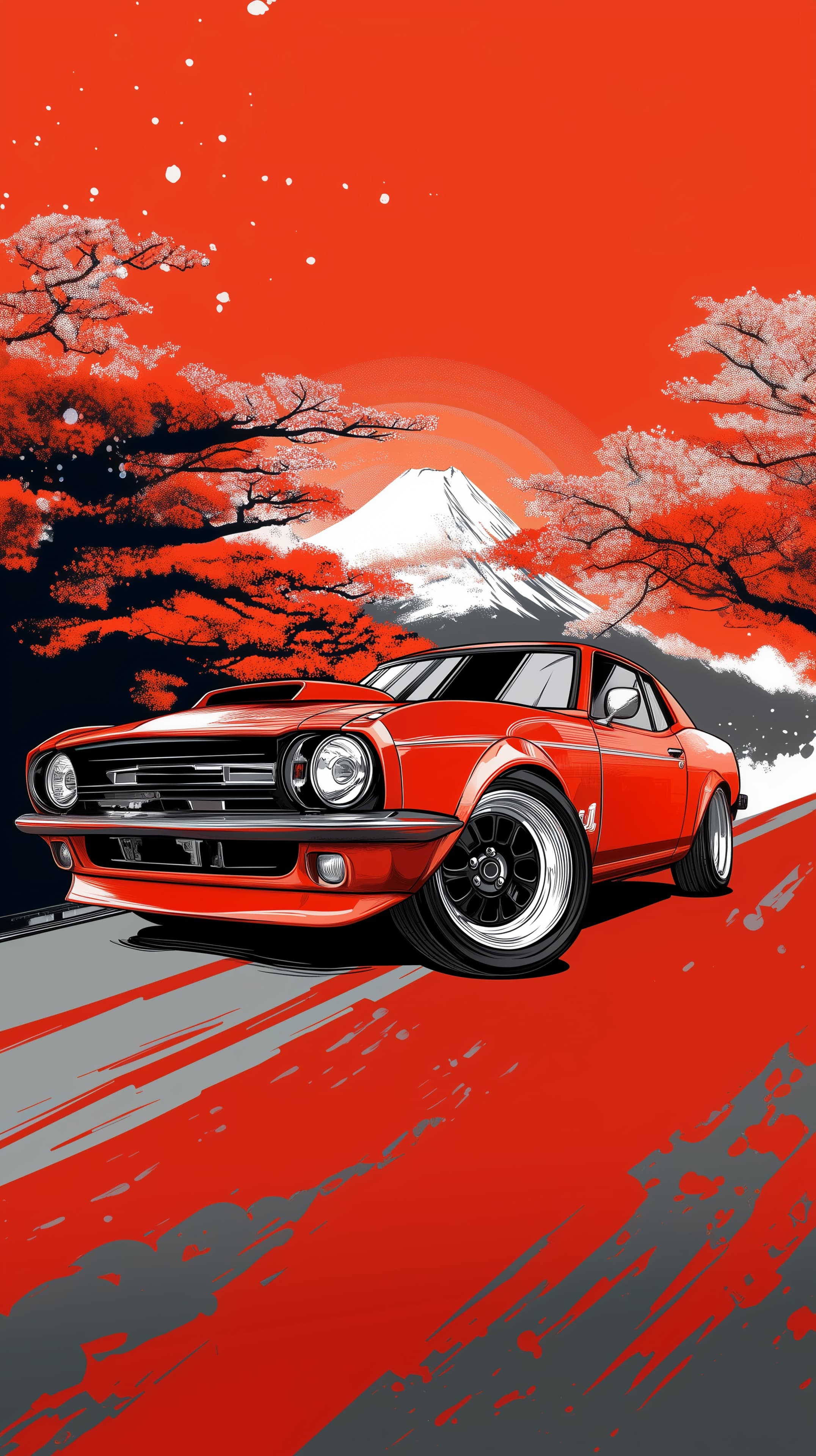 Vibrant Red Classic Car on Bold Sunset Landscape Wallpaper - High Resolution automotive-art Wallpaper for Mobile and Desktop