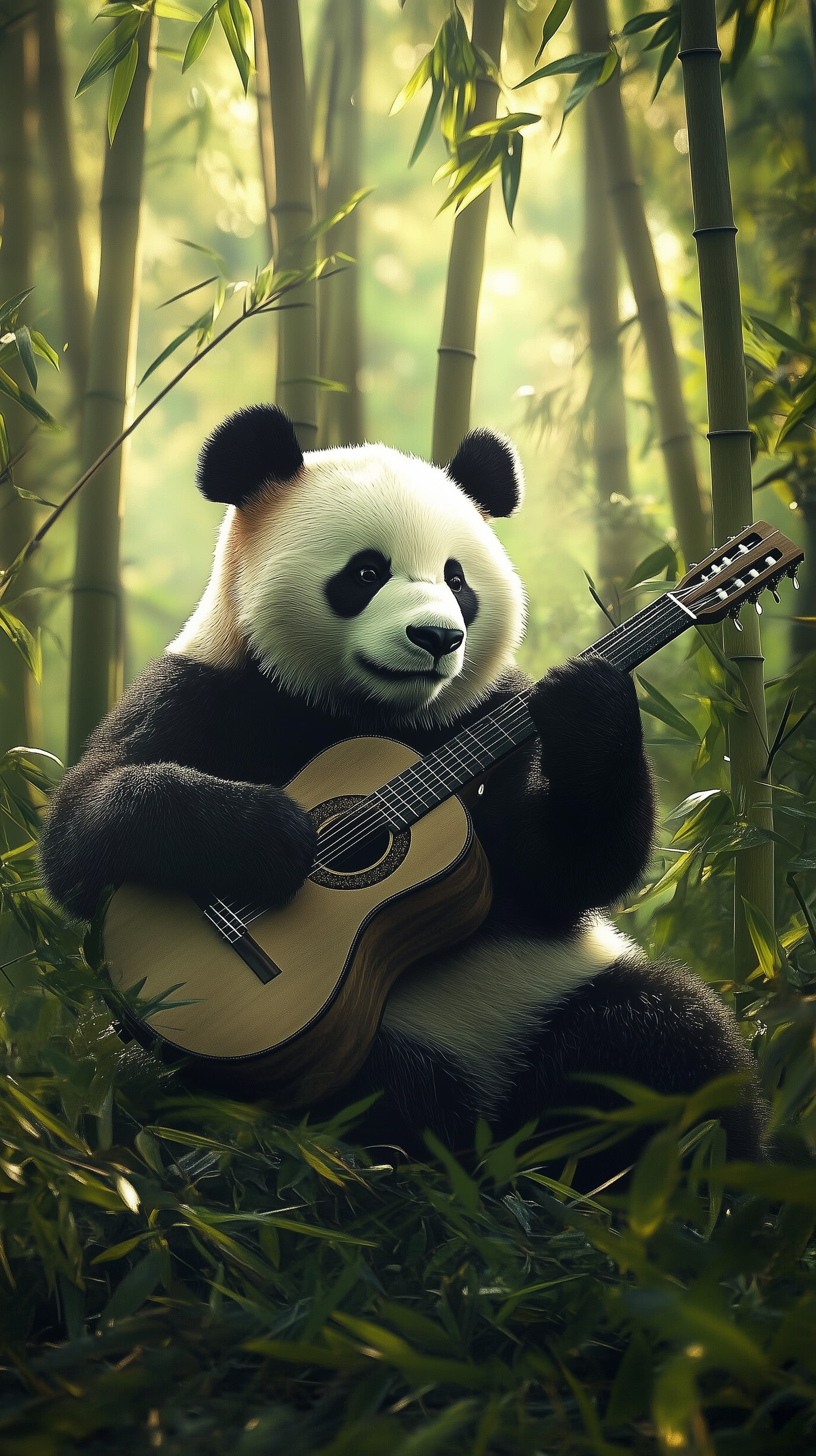 Chill Panda Playing Guitar in a Sunlit Bamboo Forest - High Resolution bamboo Wallpaper for Mobile and Desktop