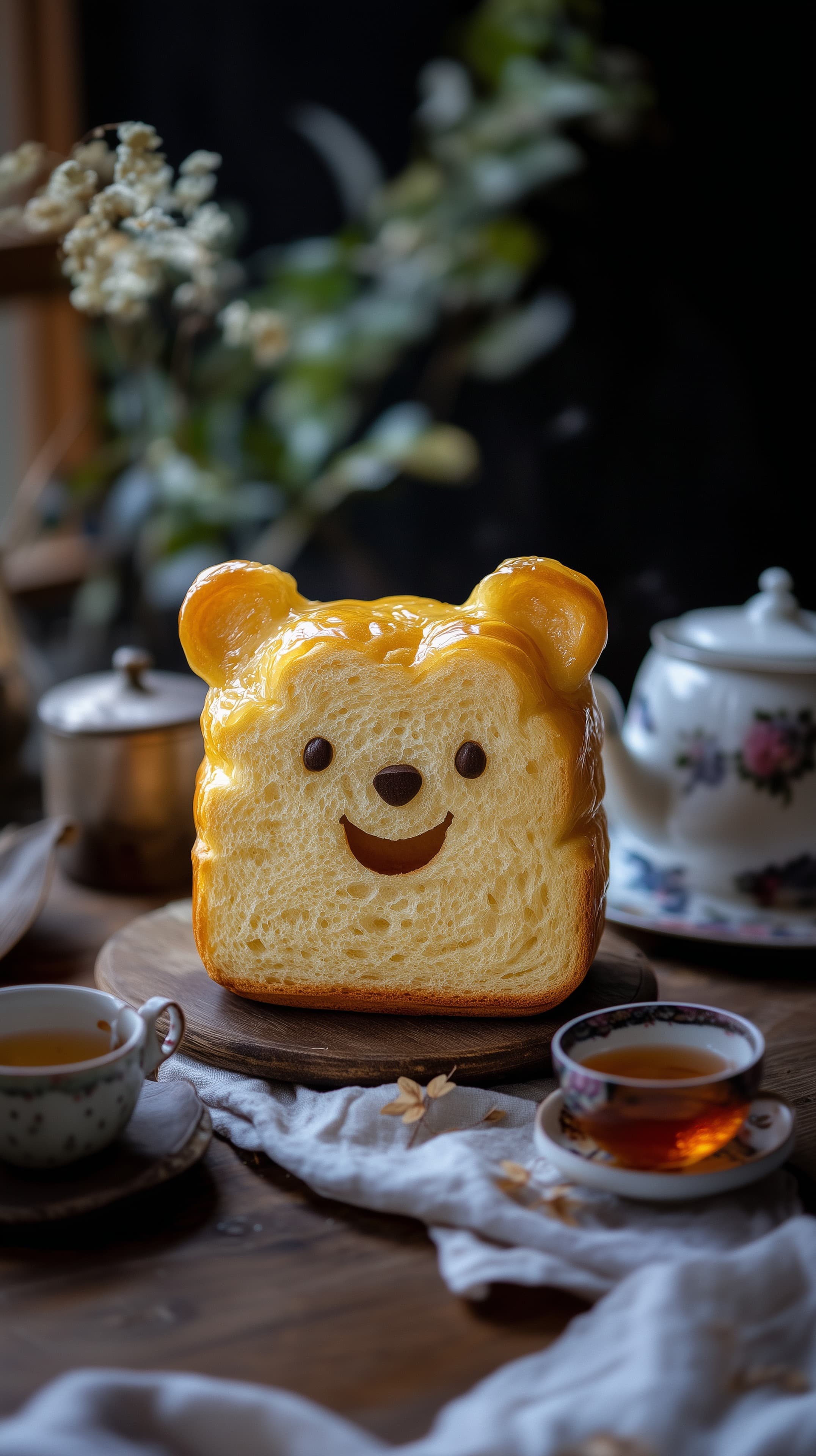 Whimsical Bear-Shaped Bread with Smile in Cozy Tea Time Scene - High Resolution bear-loaf Wallpaper for Mobile and Desktop