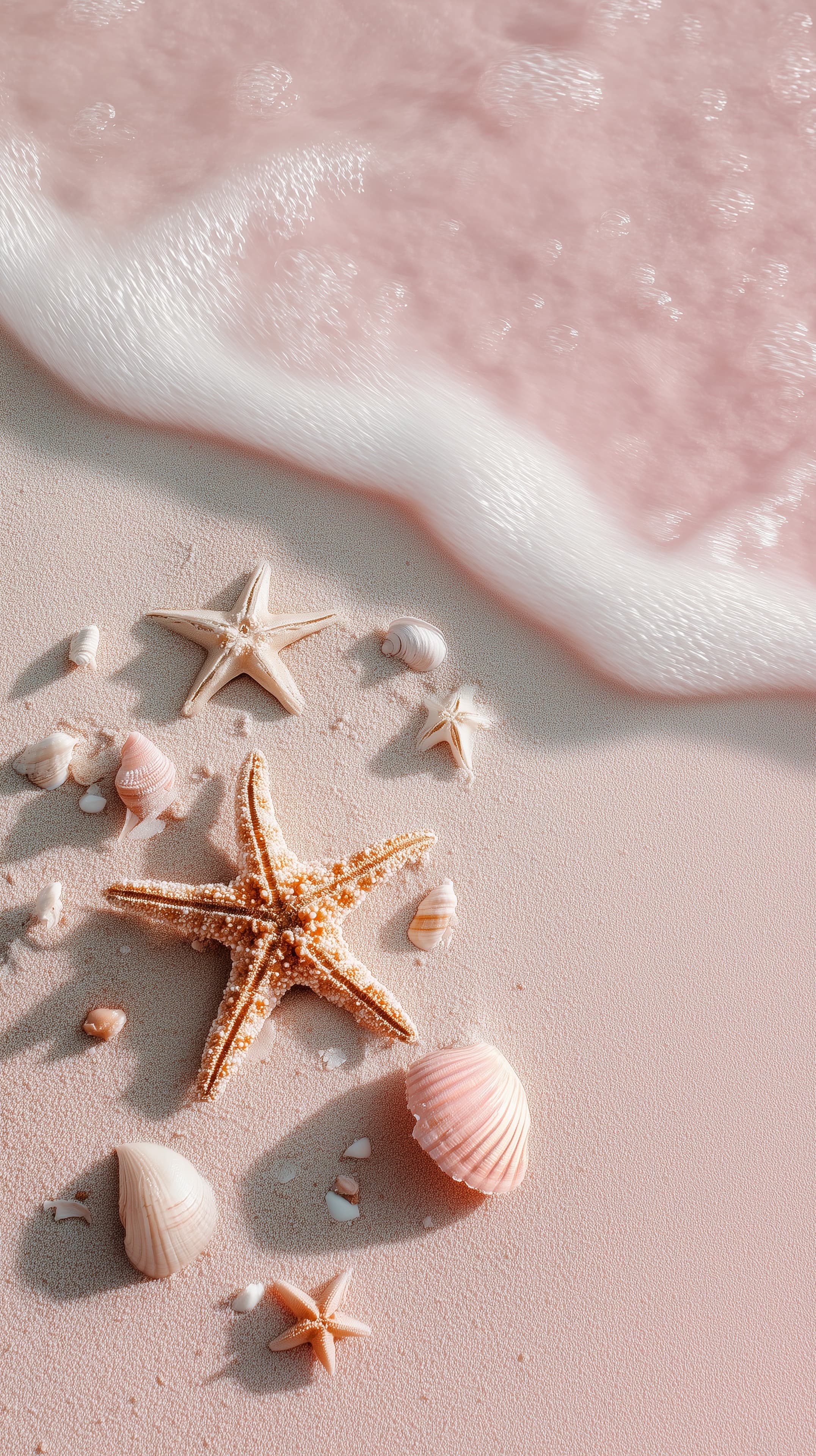 Pastel Beach Scene with Starfish and Shells - Soft Pink Tide - High Resolution beach-decor Wallpaper for Mobile and Desktop