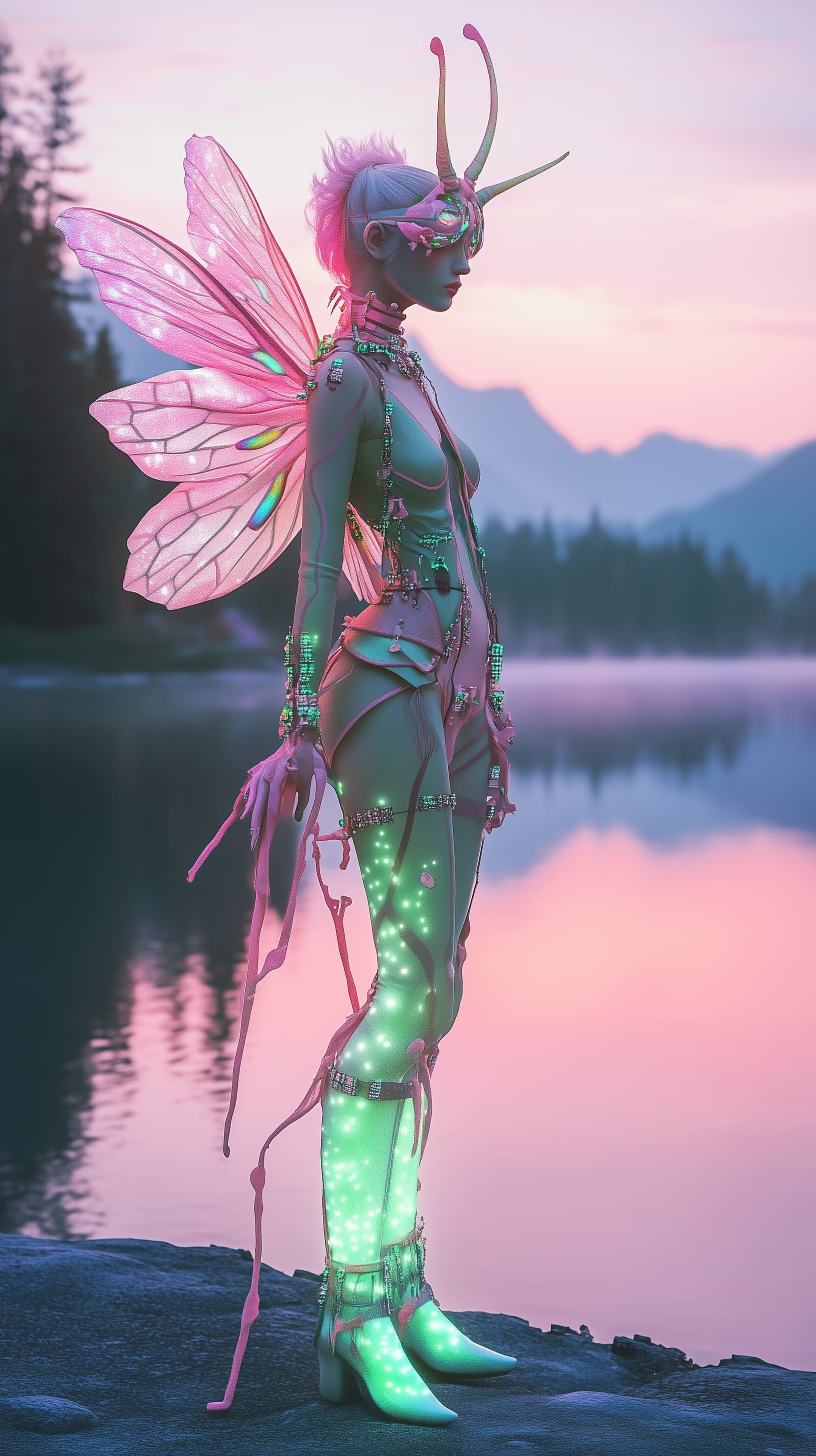 Neon Fairy Warrior with Bioluminescent Wings at Sunset Lake - High Resolution butterfly-wings Wallpaper for Mobile and Desktop