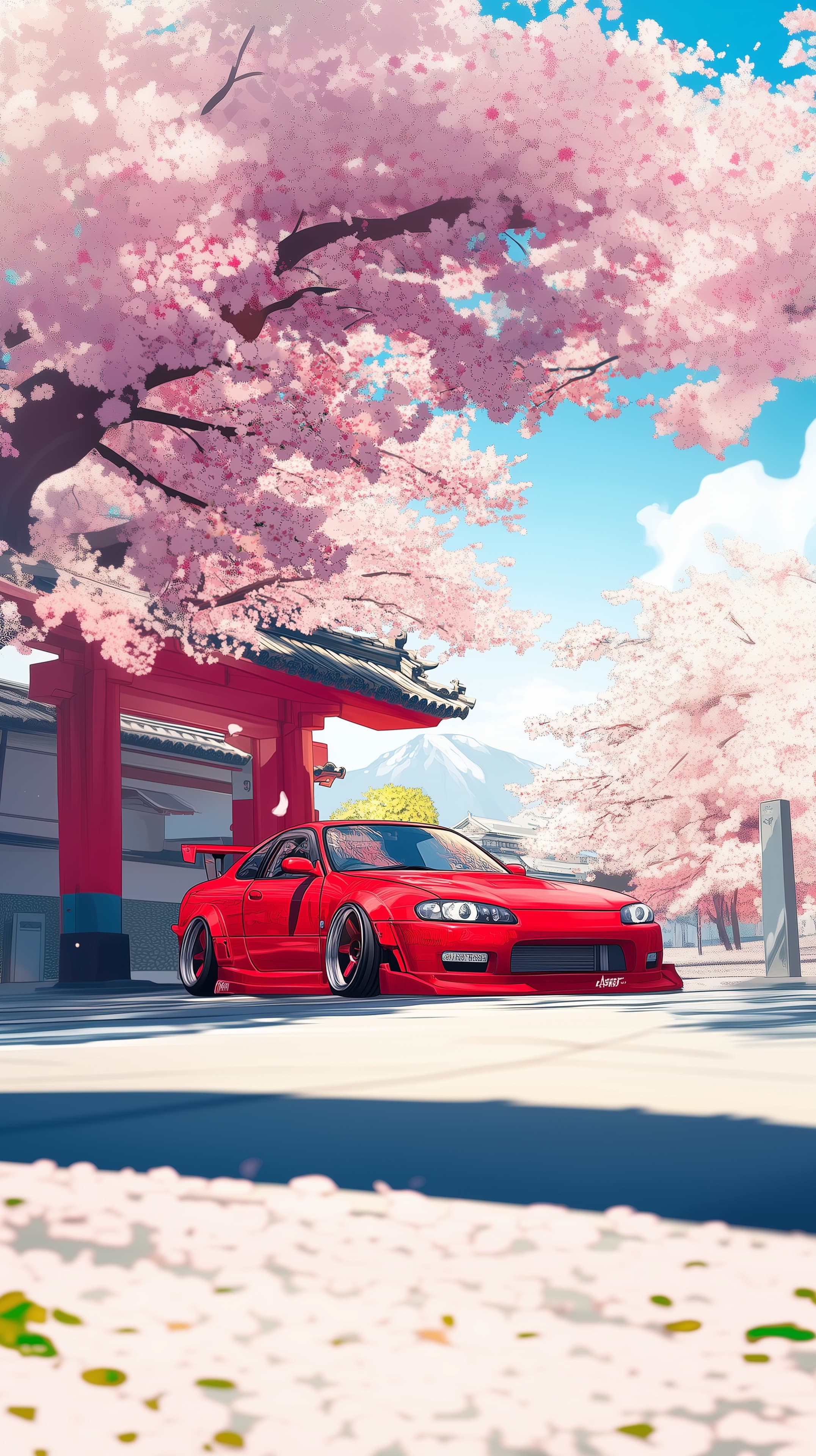 Vibrant Sakura Blossoms with a Red Sports Car Wallpaper - High Resolution anime-art Wallpaper for Mobile and Desktop