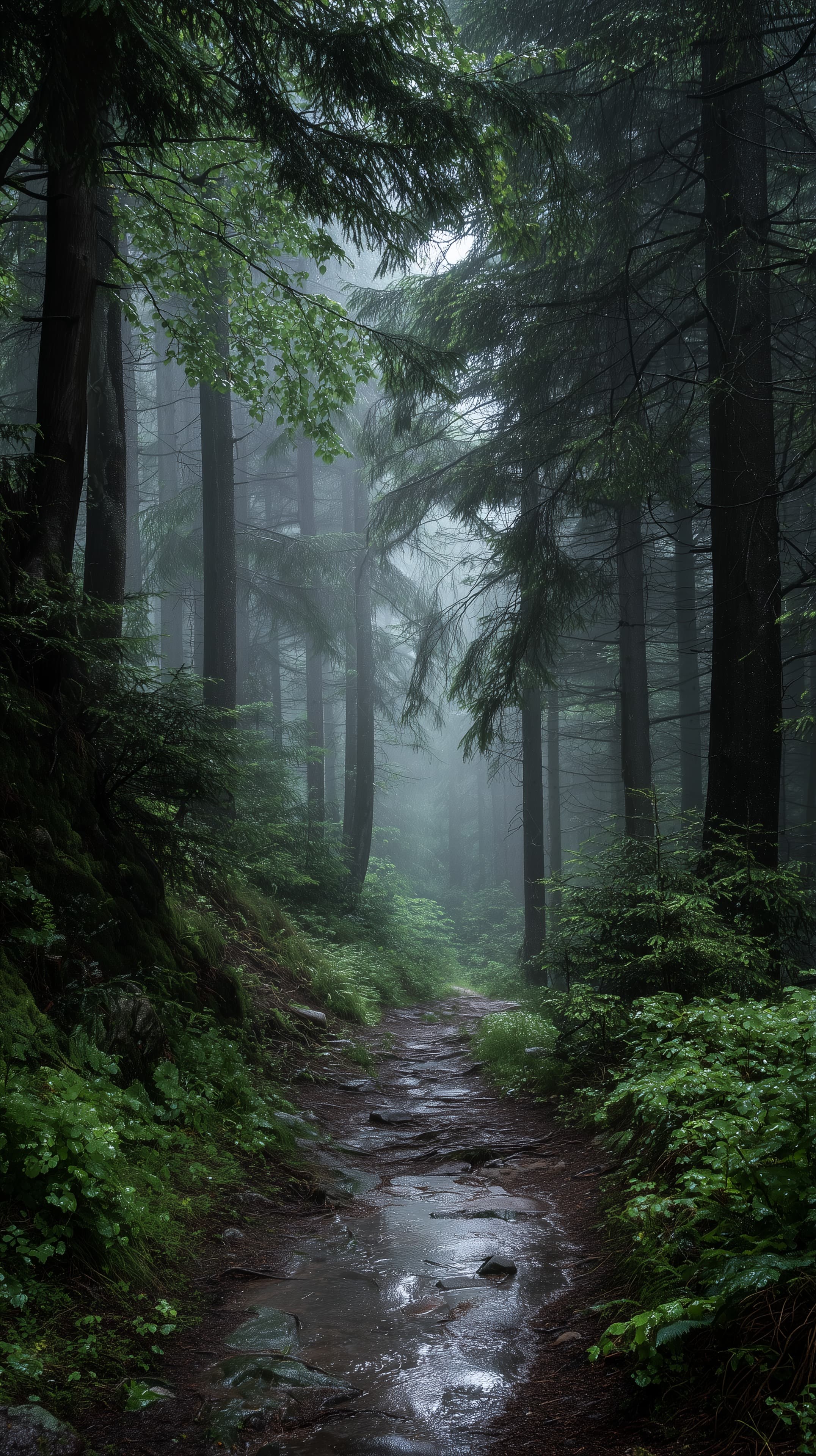 Misty Forest Trail: Serene Woodland Path in Fog and Rain - High Resolution dampness Wallpaper for Mobile and Desktop