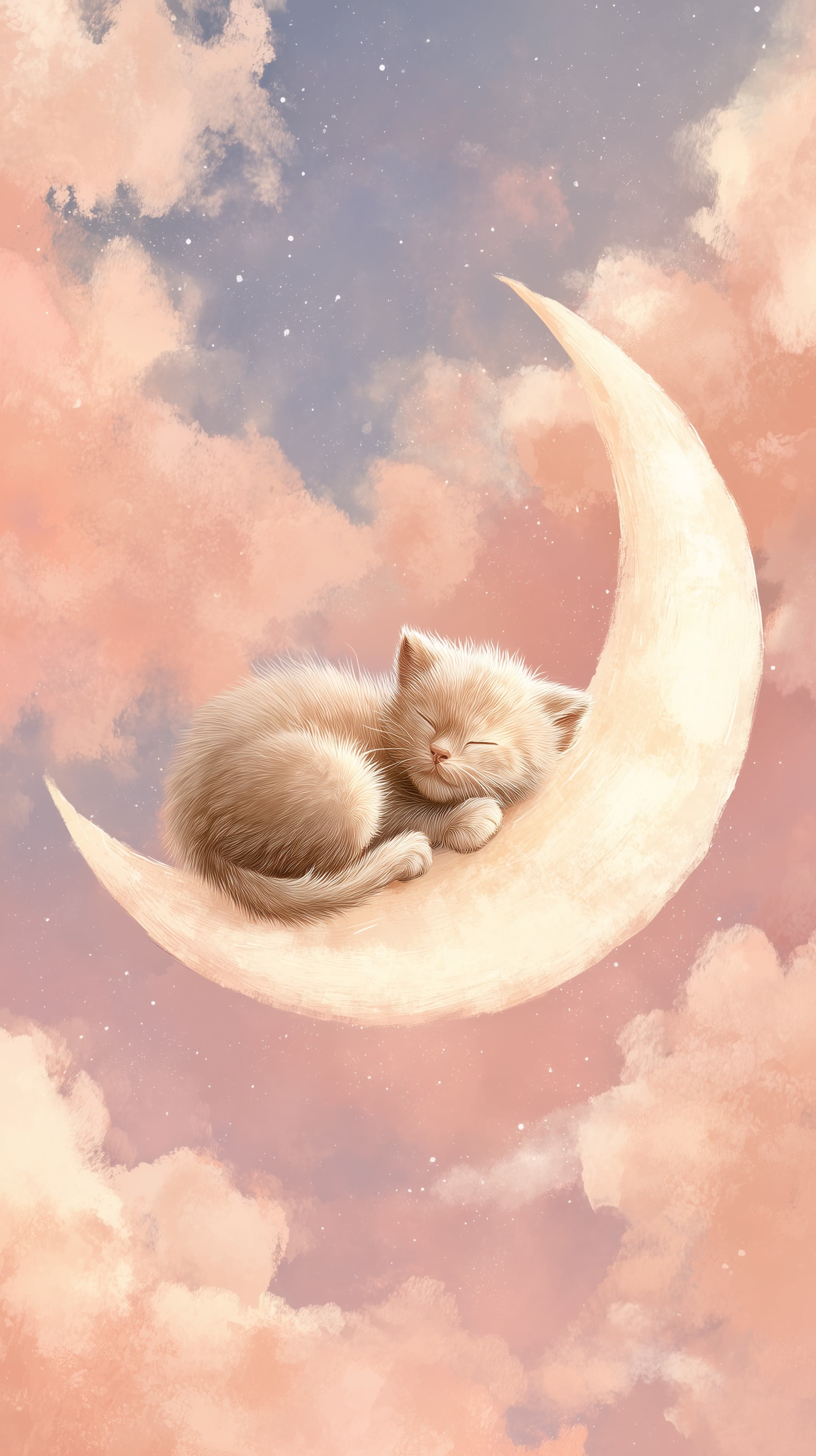 Pastel Dream: Sleeping Kitten on a Crescent Moon Above Clouds - High Resolution cloudscape Wallpaper for Mobile and Desktop